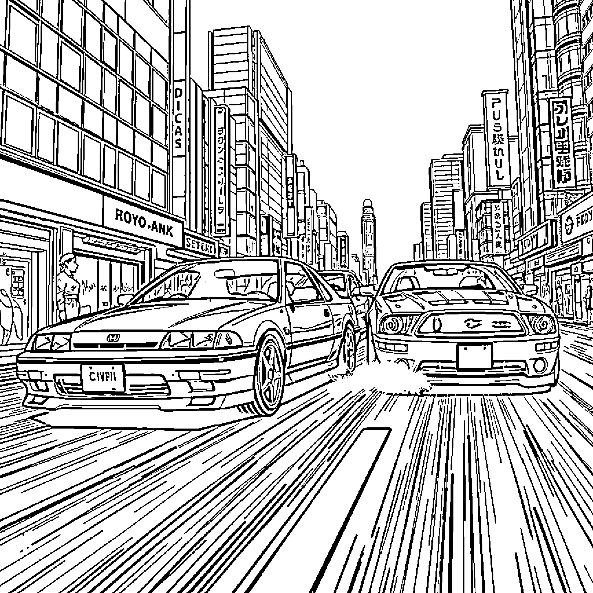 Honda Civic racing through a busy city street Coloring Page (free black-and-white line drawing printable PDF for all, from beginners to advanced learners, including children, teens, adults, and seniors)