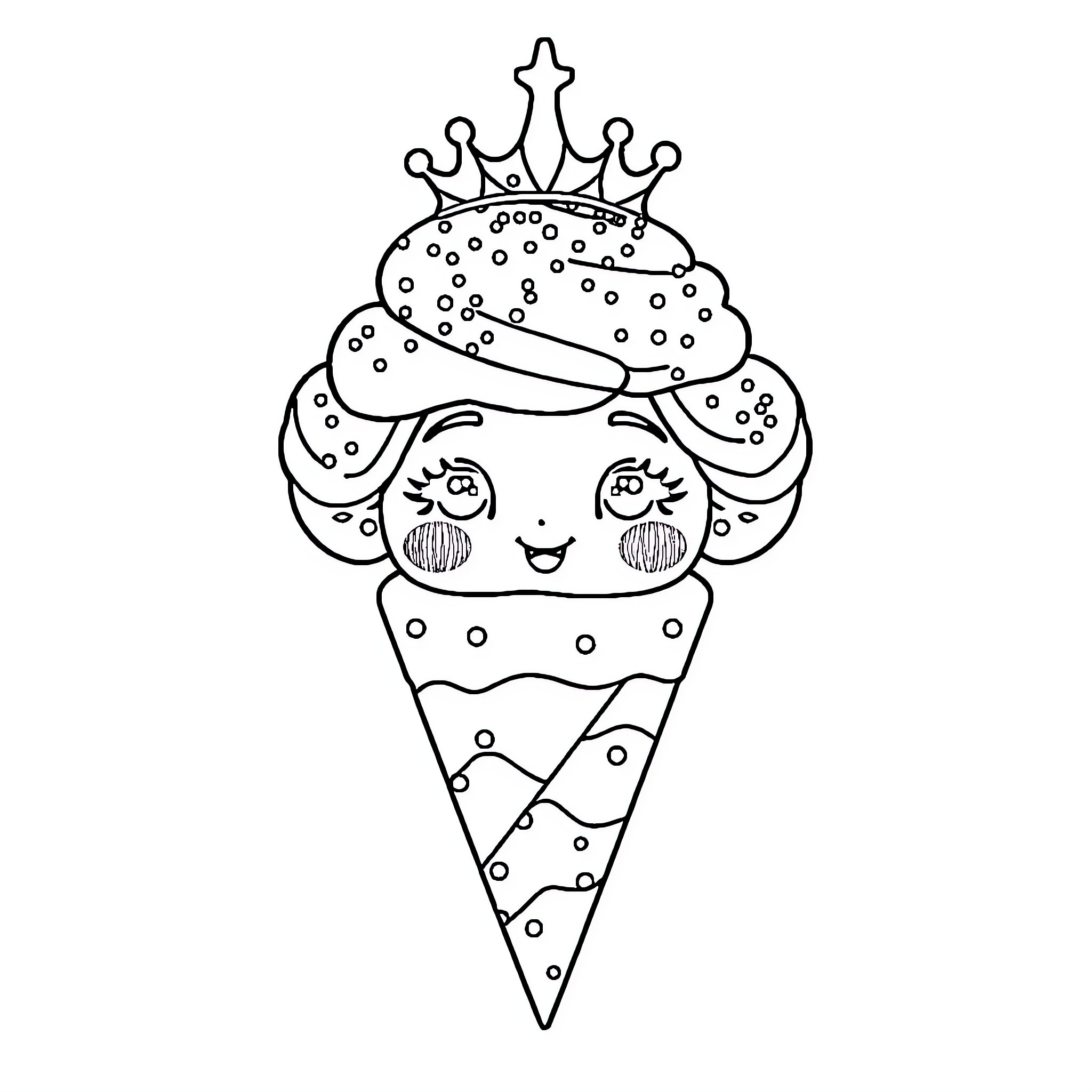 Ice Cream Princess Enjoying Delightful Treat Coloring Page (free black-and-white line drawing printable PDF for all, from beginners to advanced learners, including children, teens, adults, and seniors)