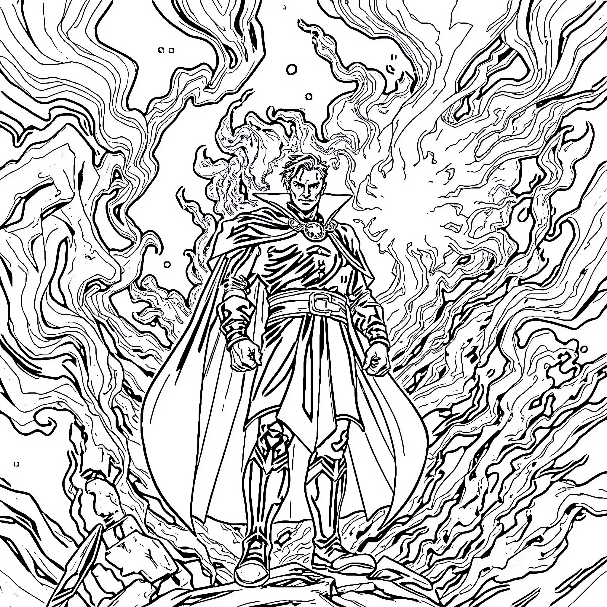 Doctor Strange wielding powerful magical forces Coloring Page (free black-and-white line drawing printable PDF for all, from beginners to advanced learners, including children, teens, adults, and seniors)