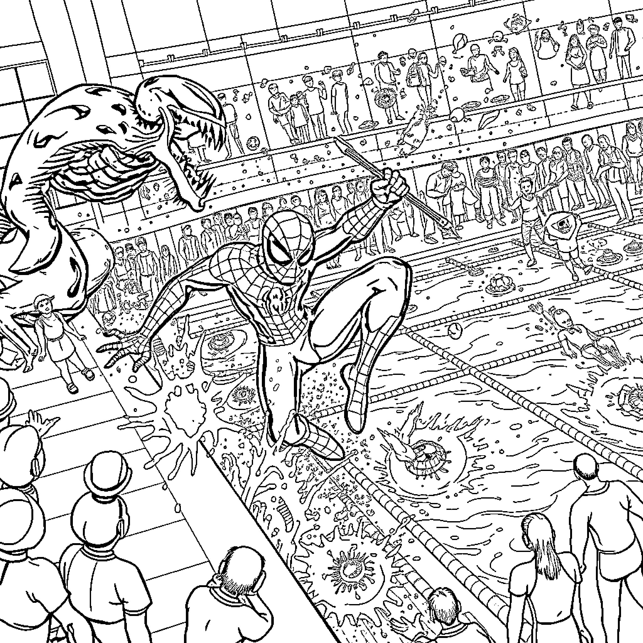 Spiderman battles a giant mutant creature in a crowded arena Coloring Page (free black-and-white line drawing printable PDF for all, from beginners to advanced learners, including children, teens, adults, and seniors)