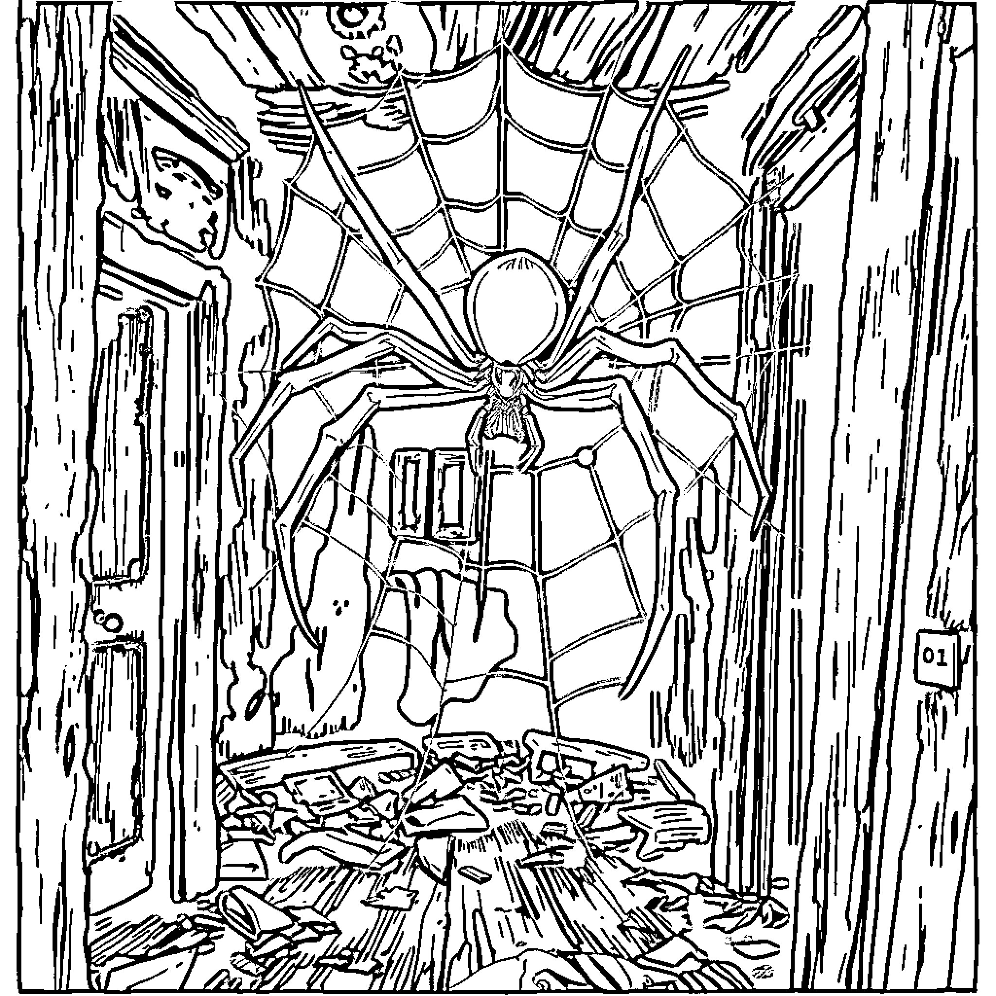 Ghost Spider guarding a spooky abandoned building Coloring Page (free black-and-white line drawing printable PDF for all, from beginners to advanced learners, including children, teens, adults, and seniors)