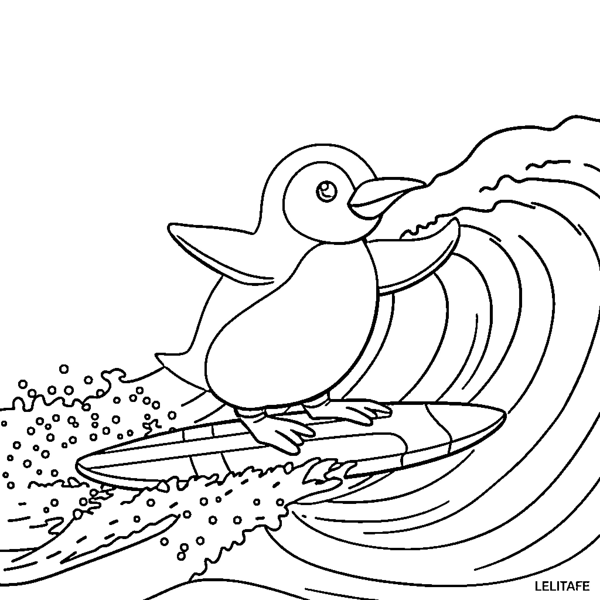 Penguin surfing on ocean waves Coloring Page (free black-and-white line drawing printable PDF for all, from beginners to advanced learners, including children, teens, adults, and seniors)