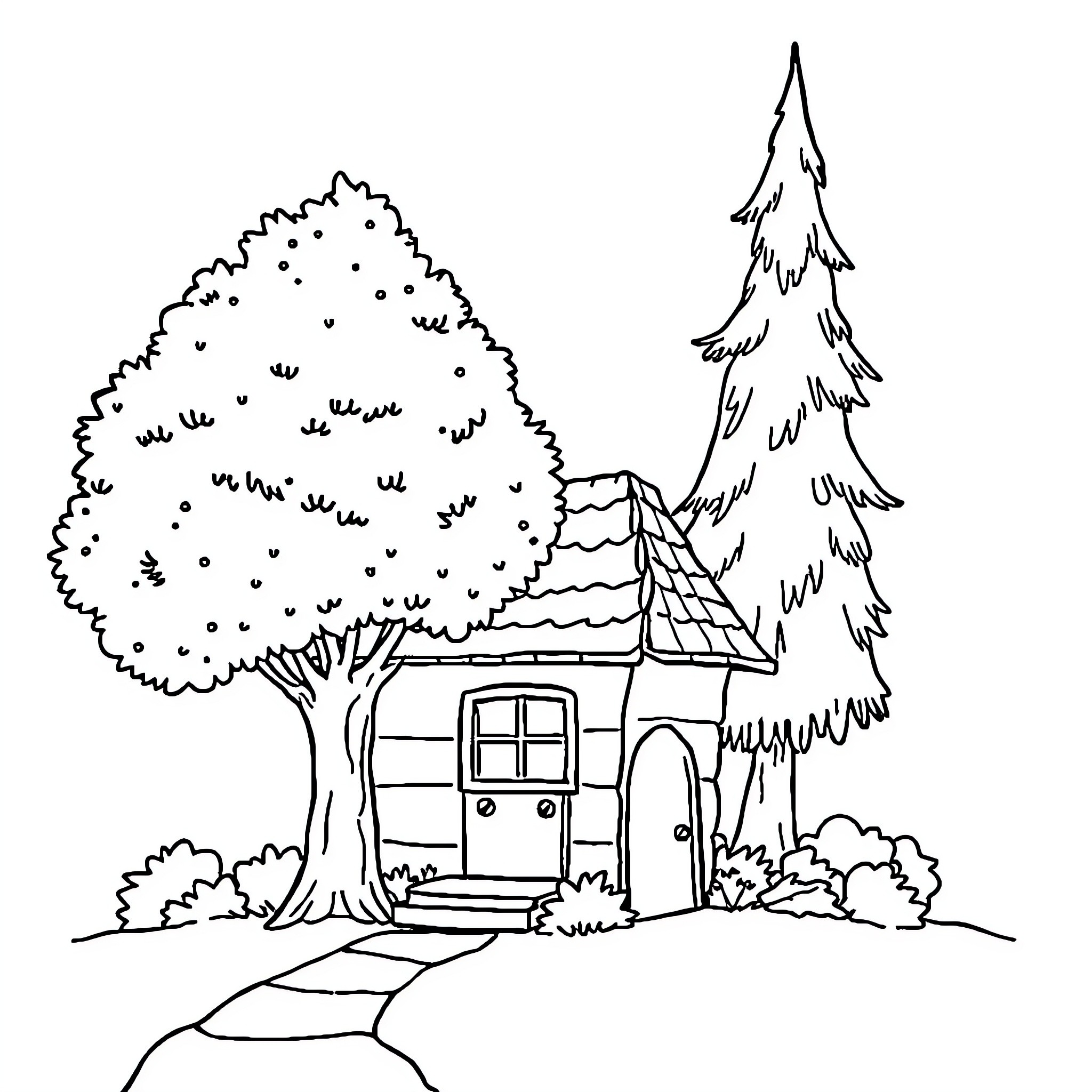 House with a tree and pine tree in the forest Coloring Page (free black-and-white line drawing printable PDF for all, from beginners to advanced learners, including children, teens, adults, and seniors)
