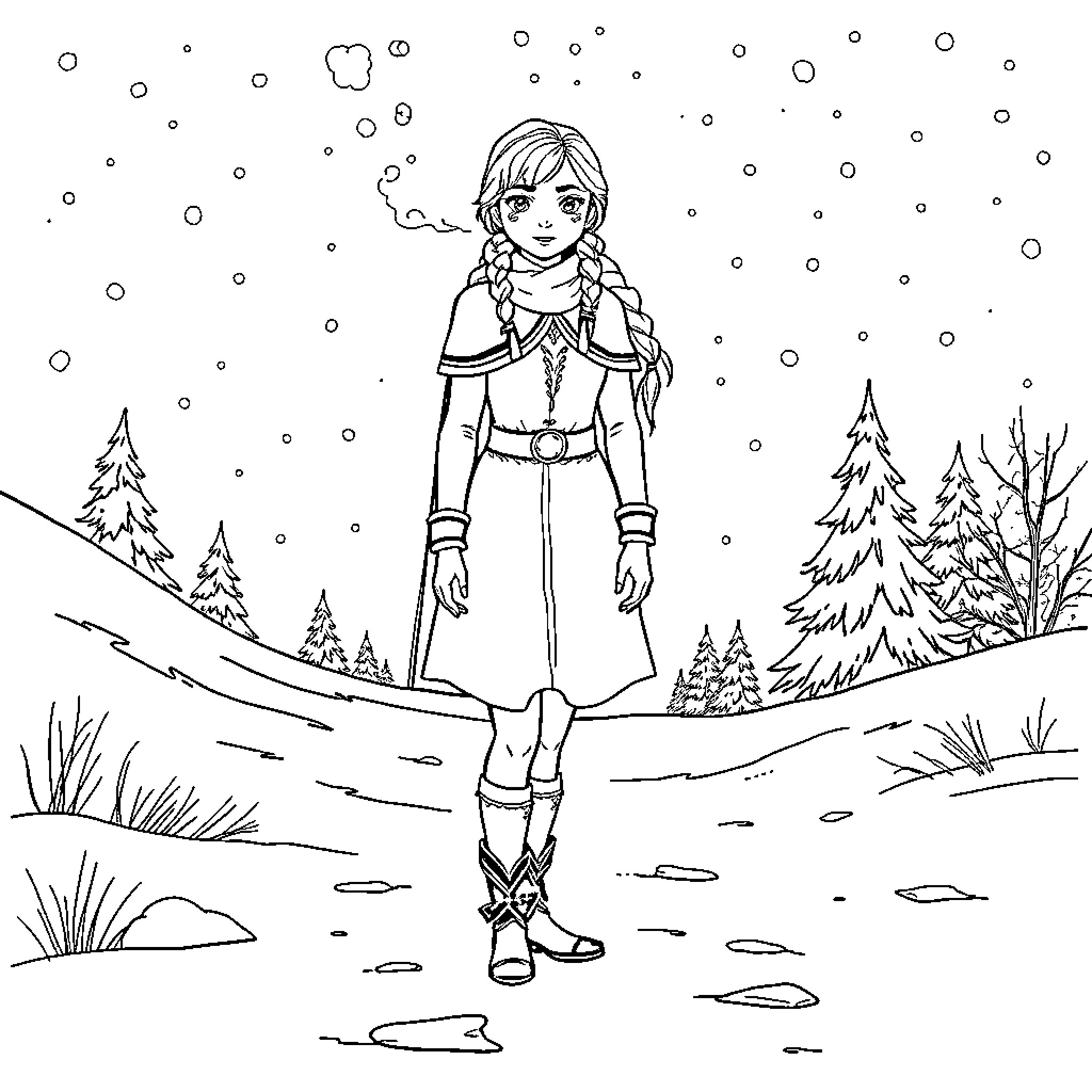 Anna's Winter Adventure Coloring Page (free black-and-white line drawing printable PDF for all, from beginners to advanced learners, including children, teens, adults, and seniors)