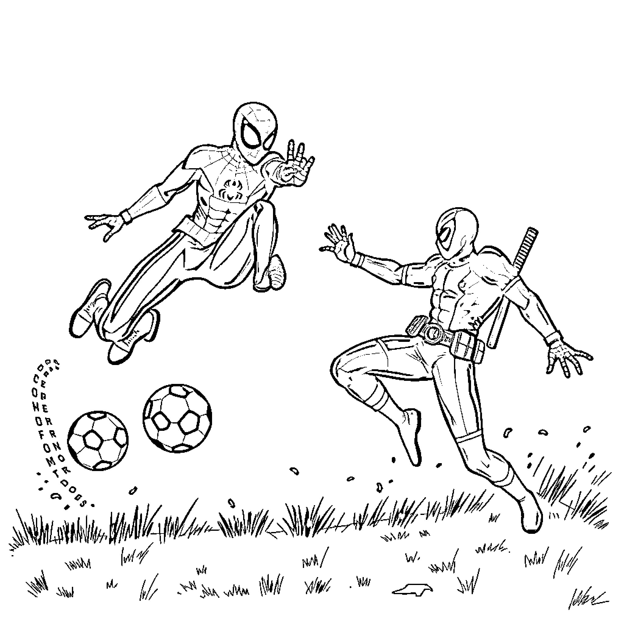 Deadpool and Spiderman playing soccer in the park Coloring Page (free black-and-white line drawing printable PDF for all, from beginners to advanced learners, including children, teens, adults, and seniors)