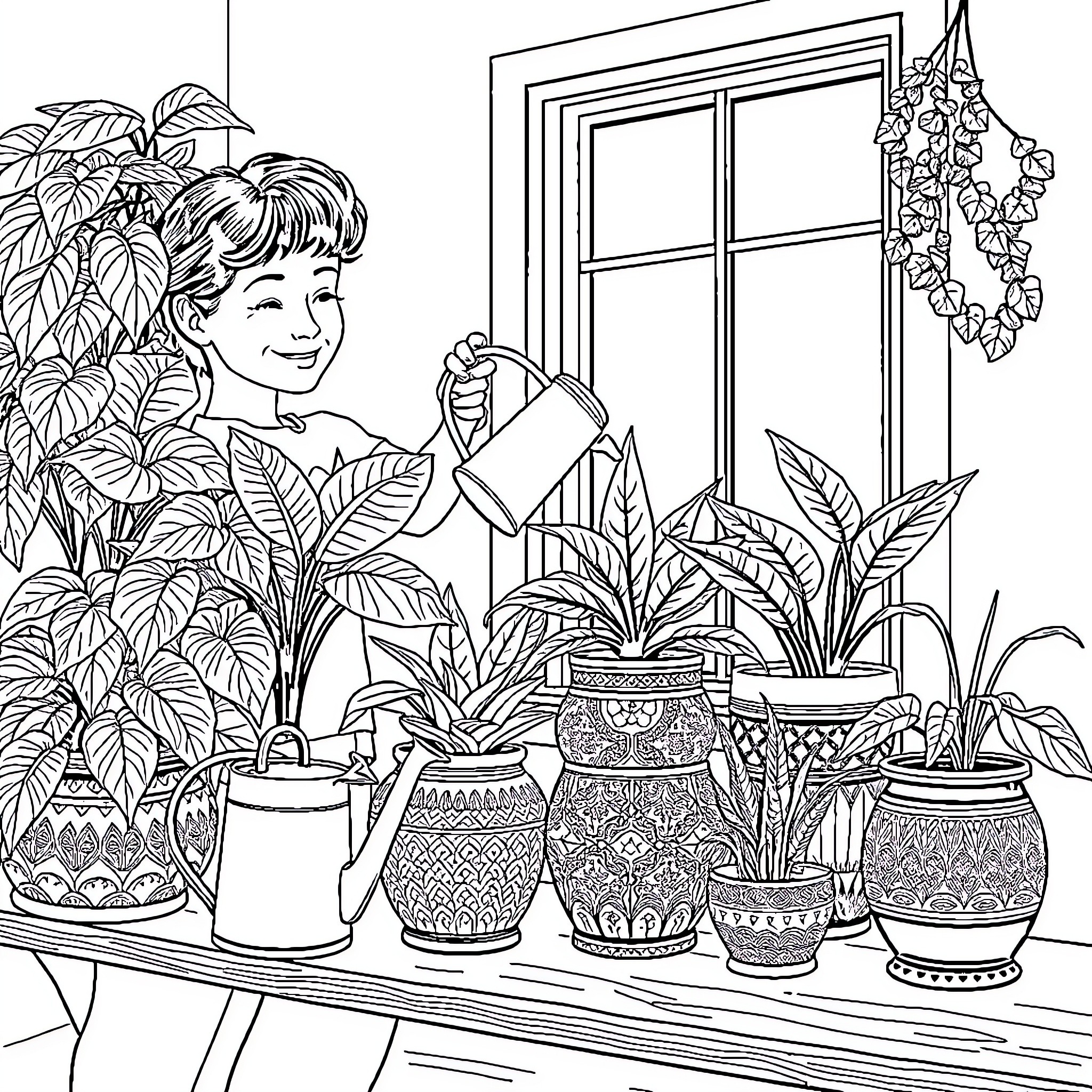 Indoor Plants Tended by a Smiling Gardener Coloring Page (free black-and-white line drawing printable PDF for all, from beginners to advanced learners, including children, teens, adults, and seniors)
