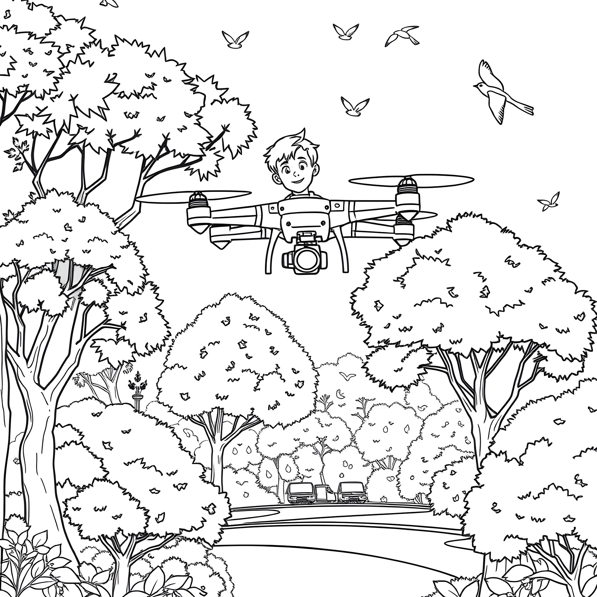 Boy exploring the outdoors with a drone Coloring Page (free black-and-white line drawing printable PDF for all, from beginners to advanced learners, including children, teens, adults, and seniors)