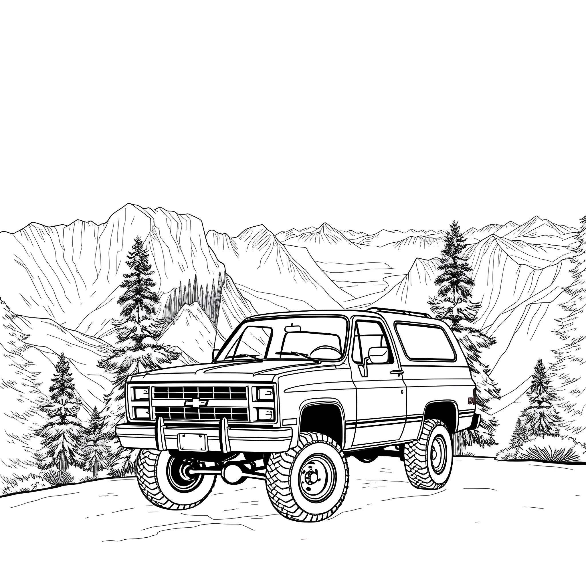 Chevy Blazer off-roading in the mountains Coloring Page (free black-and-white line drawing printable PDF for all, from beginners to advanced learners, including children, teens, adults, and seniors)