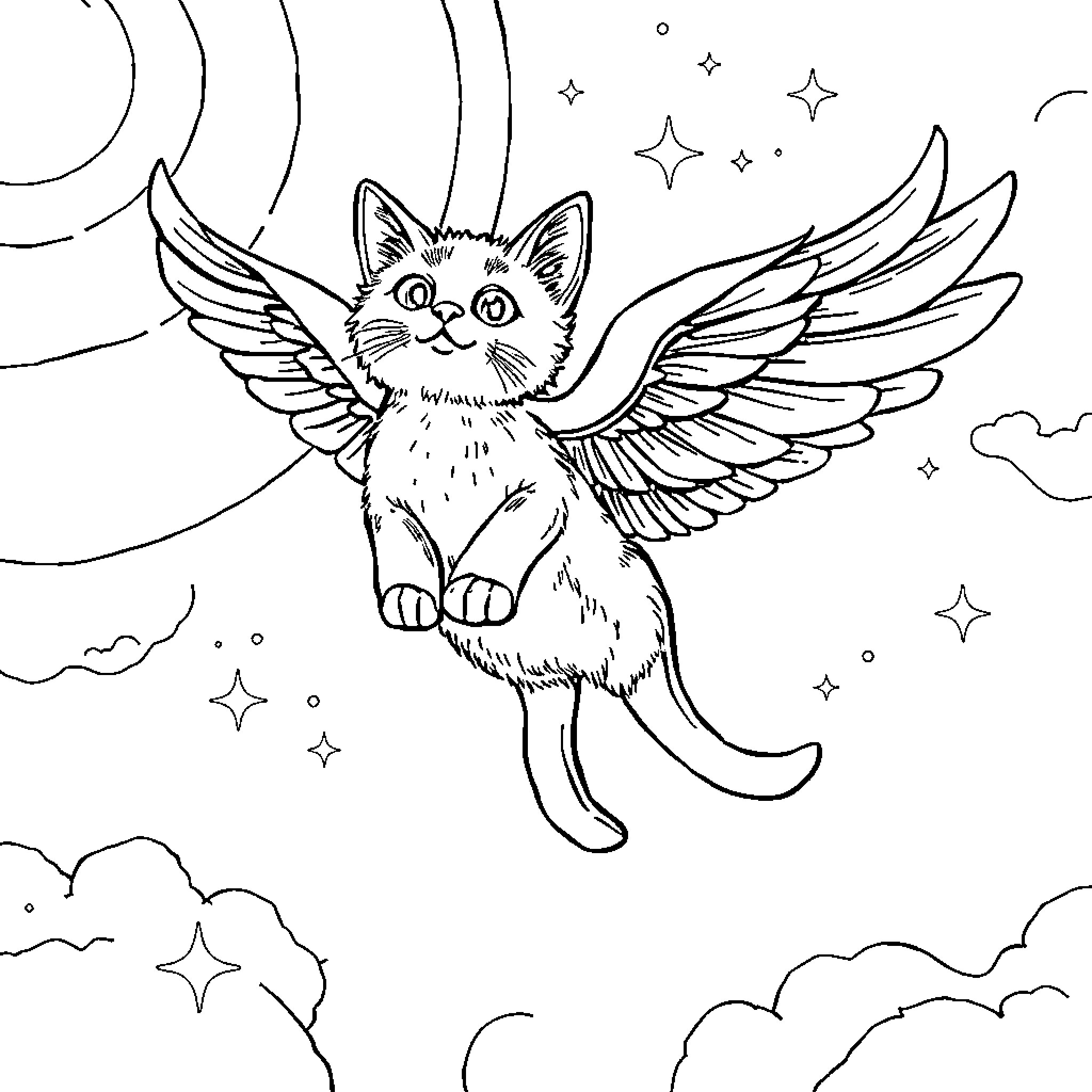 Flying Cat Soaring Through the Starry Night Coloring Page (free black-and-white line drawing printable PDF for all, from beginners to advanced learners, including children, teens, adults, and seniors)