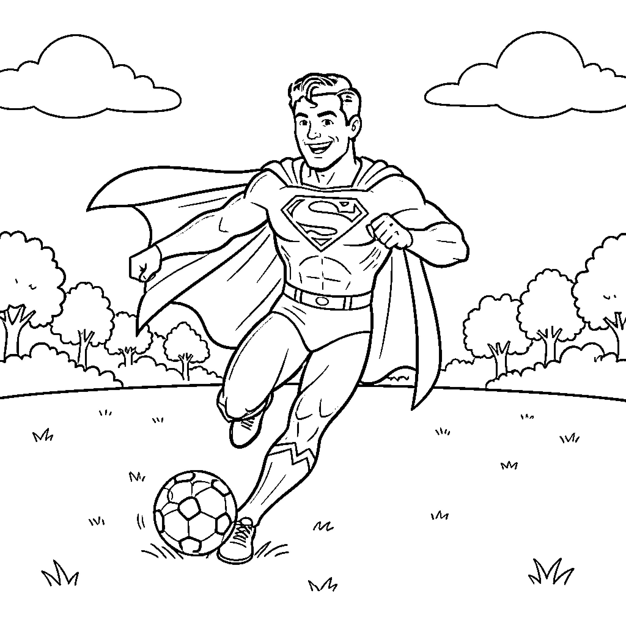Superman playing soccer in the park Coloring Page (free black-and-white line drawing printable PDF for all, from beginners to advanced learners, including children, teens, adults, and seniors)