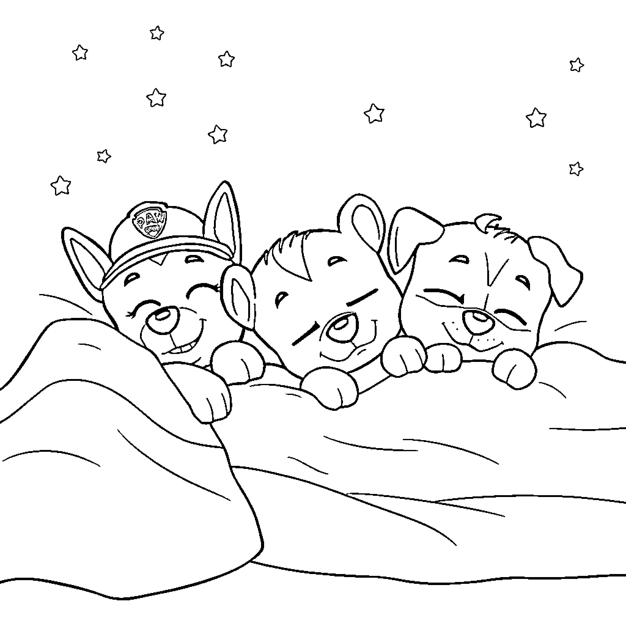 Paw Patrol characters playing and resting under the stars Coloring Page (free black-and-white line drawing printable PDF for all, from beginners to advanced learners, including children, teens, adults, and seniors)