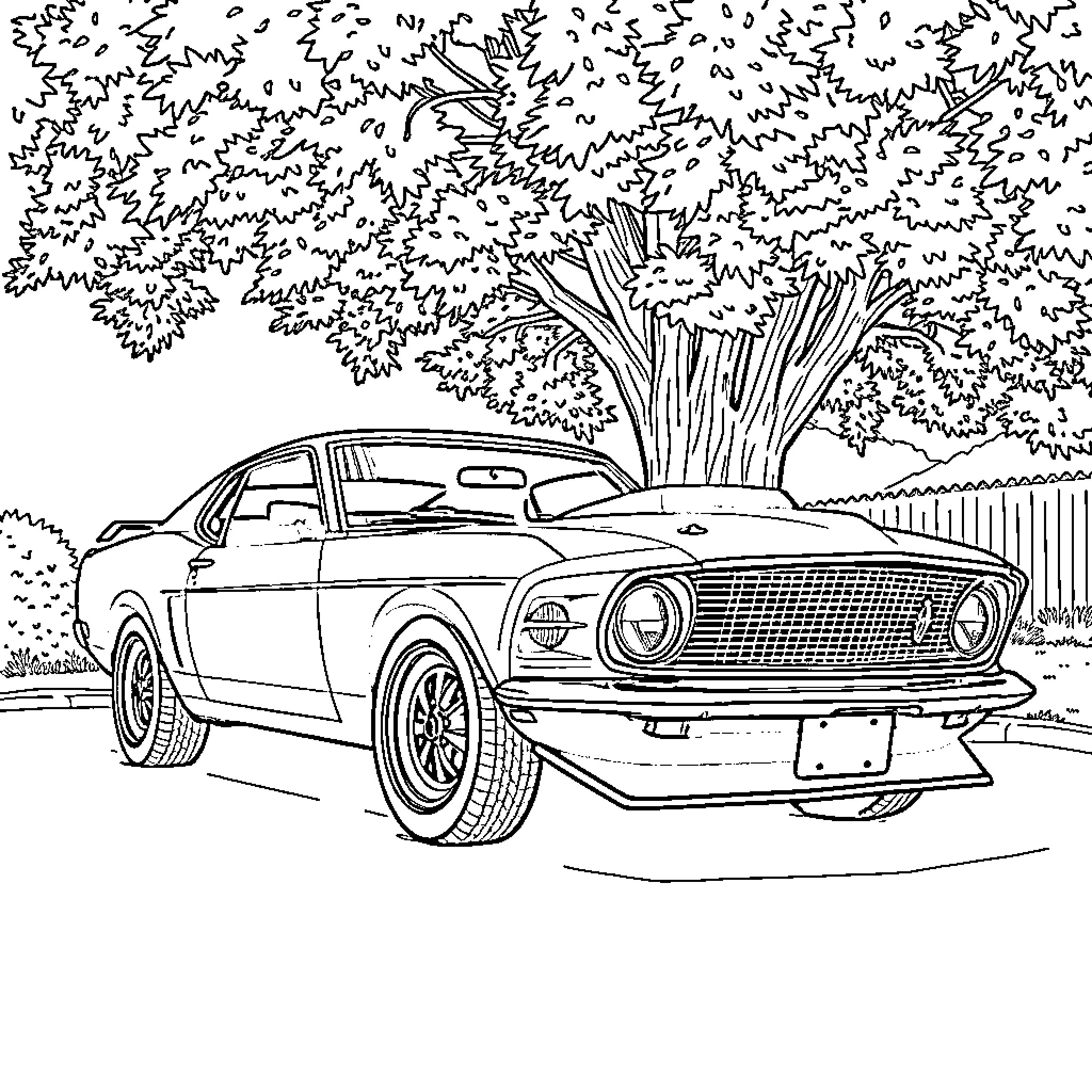 Mustang classic car parked in scenic countryside Coloring Page (free black-and-white line drawing printable PDF for all, from beginners to advanced learners, including children, teens, adults, and seniors)