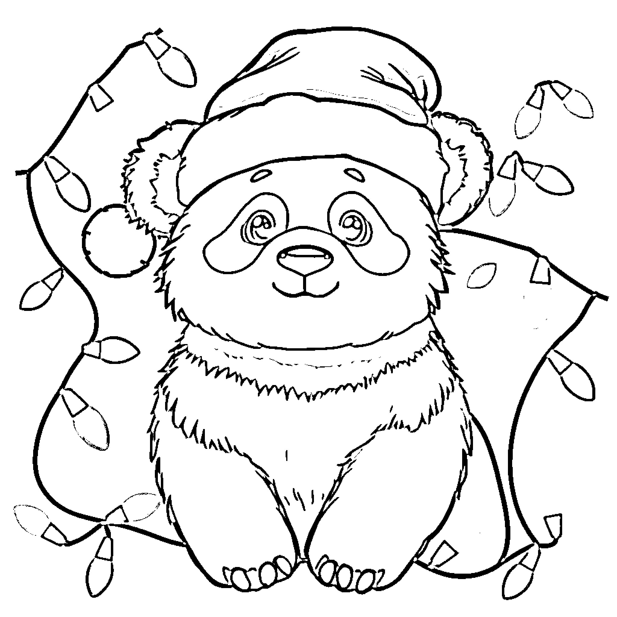Panda enjoying holiday lights Coloring Page (free black-and-white line drawing printable PDF for all, from beginners to advanced learners, including children, teens, adults, and seniors)