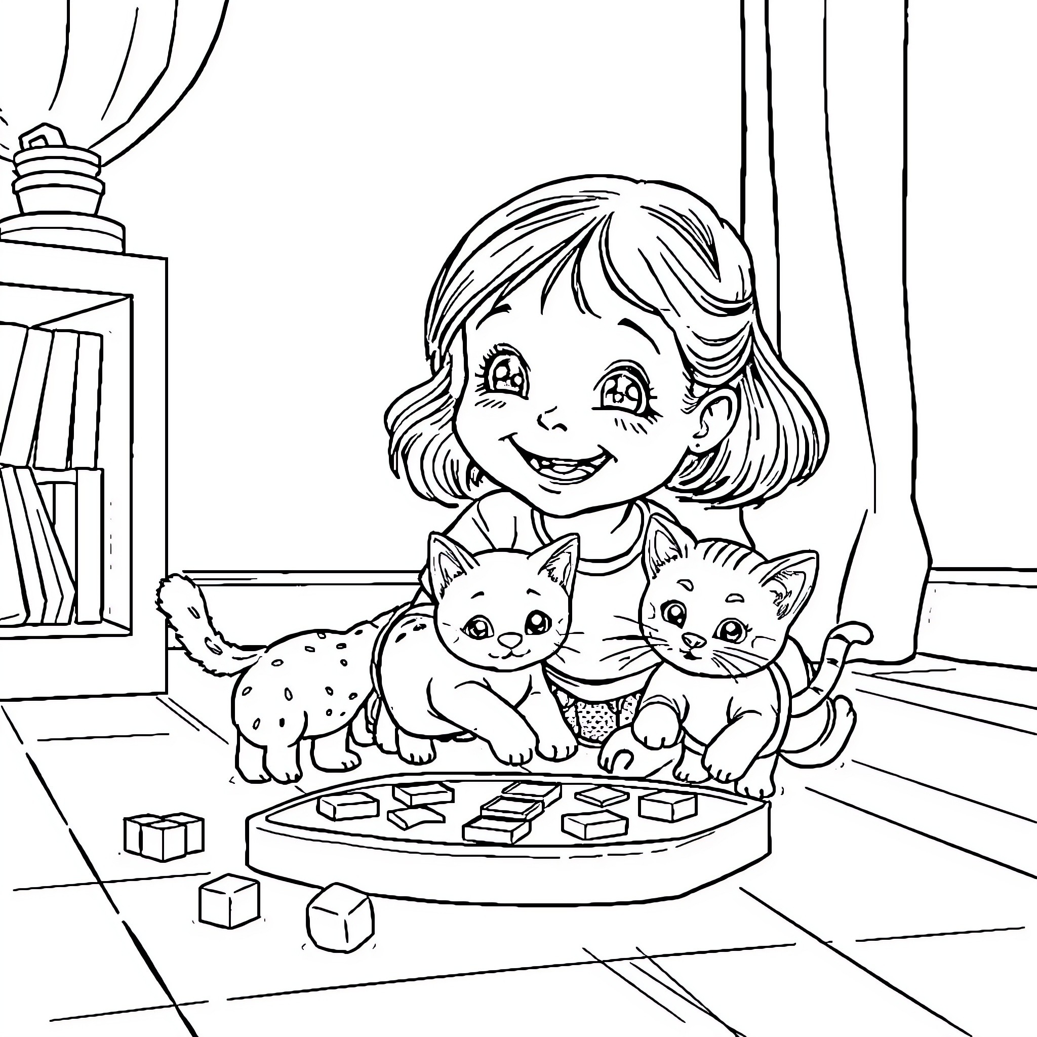Girl playing happily with kittens on the floor Coloring Page (free black-and-white line drawing printable PDF for all, from beginners to advanced learners, including children, teens, adults, and seniors)