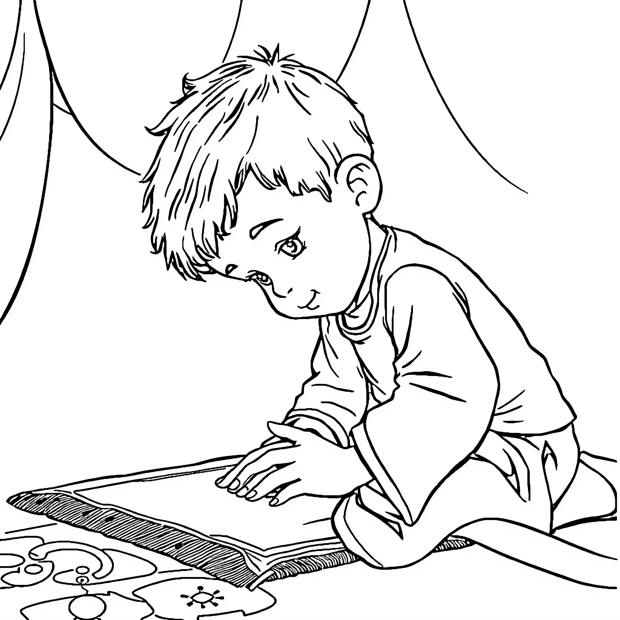 Child intently reading a book on the floor Coloring Page (free black-and-white line drawing printable PDF for all, from beginners to advanced learners, including children, teens, adults, and seniors)