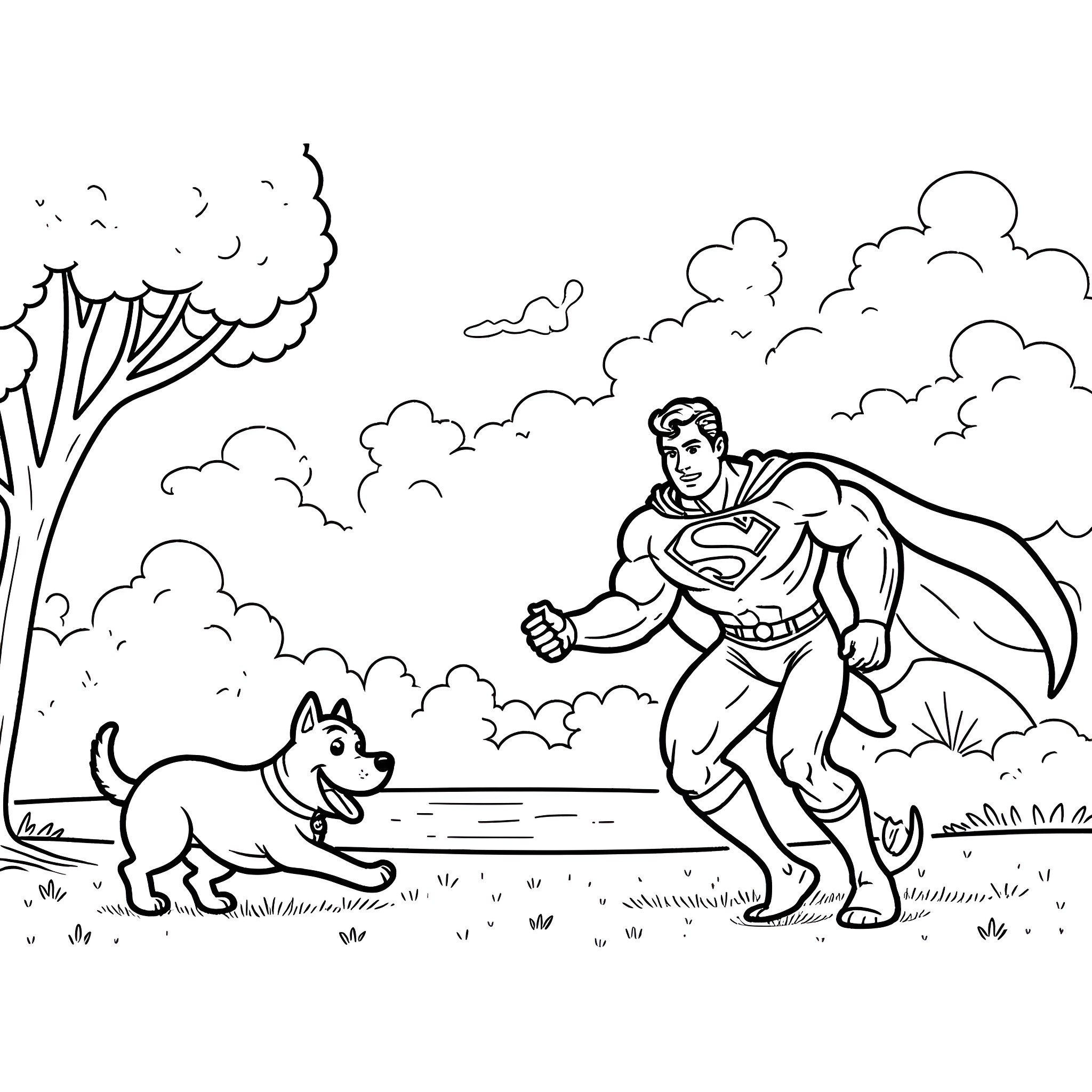 Superman chasing a dog in the park Coloring Page (free black-and-white line drawing printable PDF for all, from beginners to advanced learners, including children, teens, adults, and seniors)