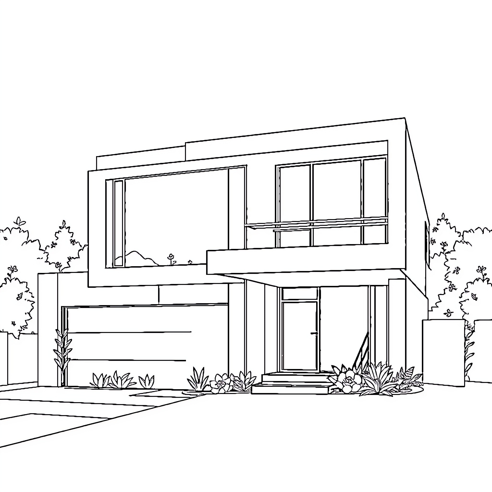 Home with modern architecture and landscaping Coloring Page (free black-and-white line drawing printable PDF for all, from beginners to advanced learners, including children, teens, adults, and seniors)
