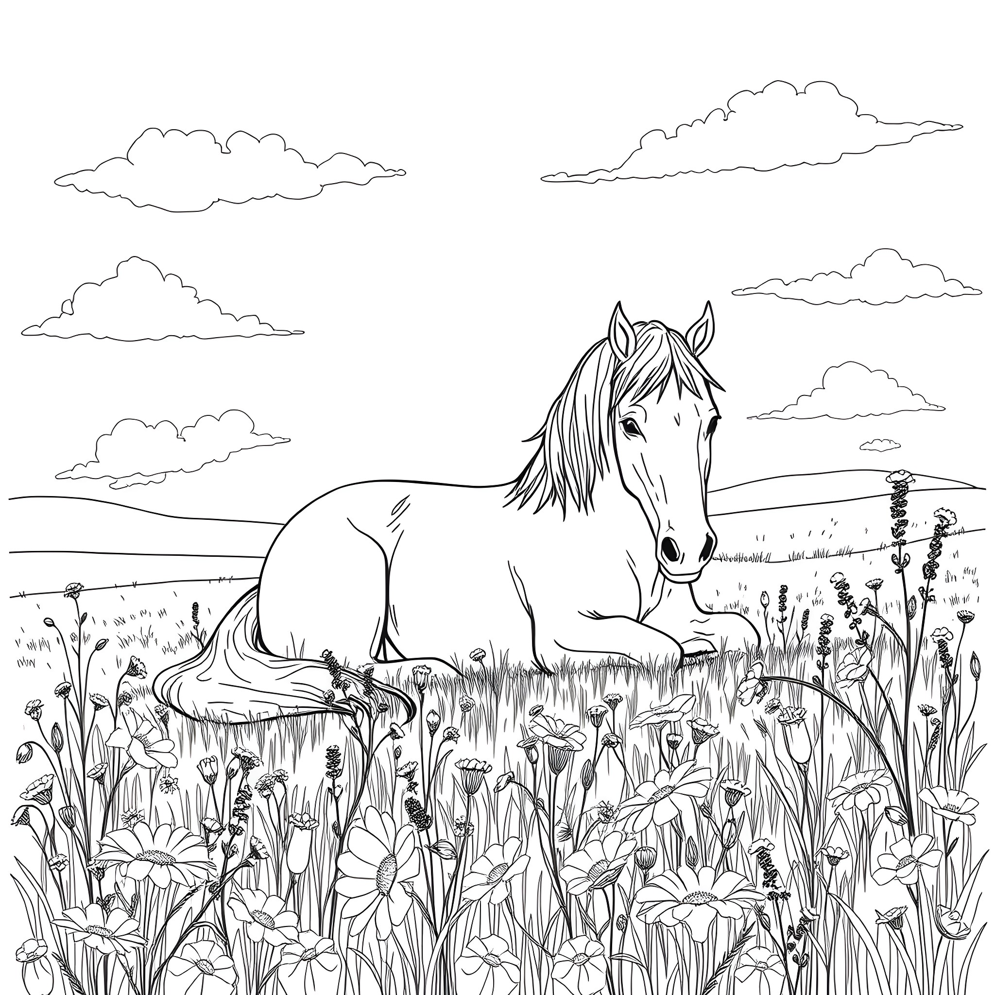 Horse resting in a field of flowers Coloring Page (free black-and-white line drawing printable PDF for all, from beginners to advanced learners, including children, teens, adults, and seniors)