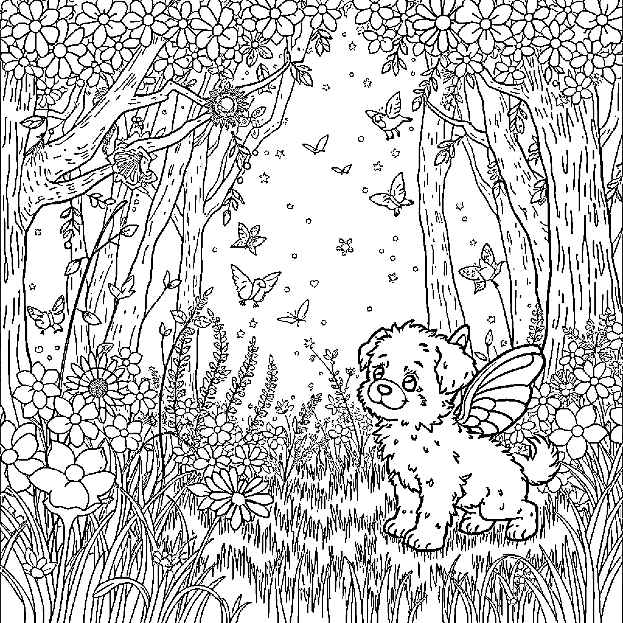 Elf Creature Surrounded by Flowers and Butterflies Coloring Page (free black-and-white line drawing printable PDF for all, from beginners to advanced learners, including children, teens, adults, and seniors)
