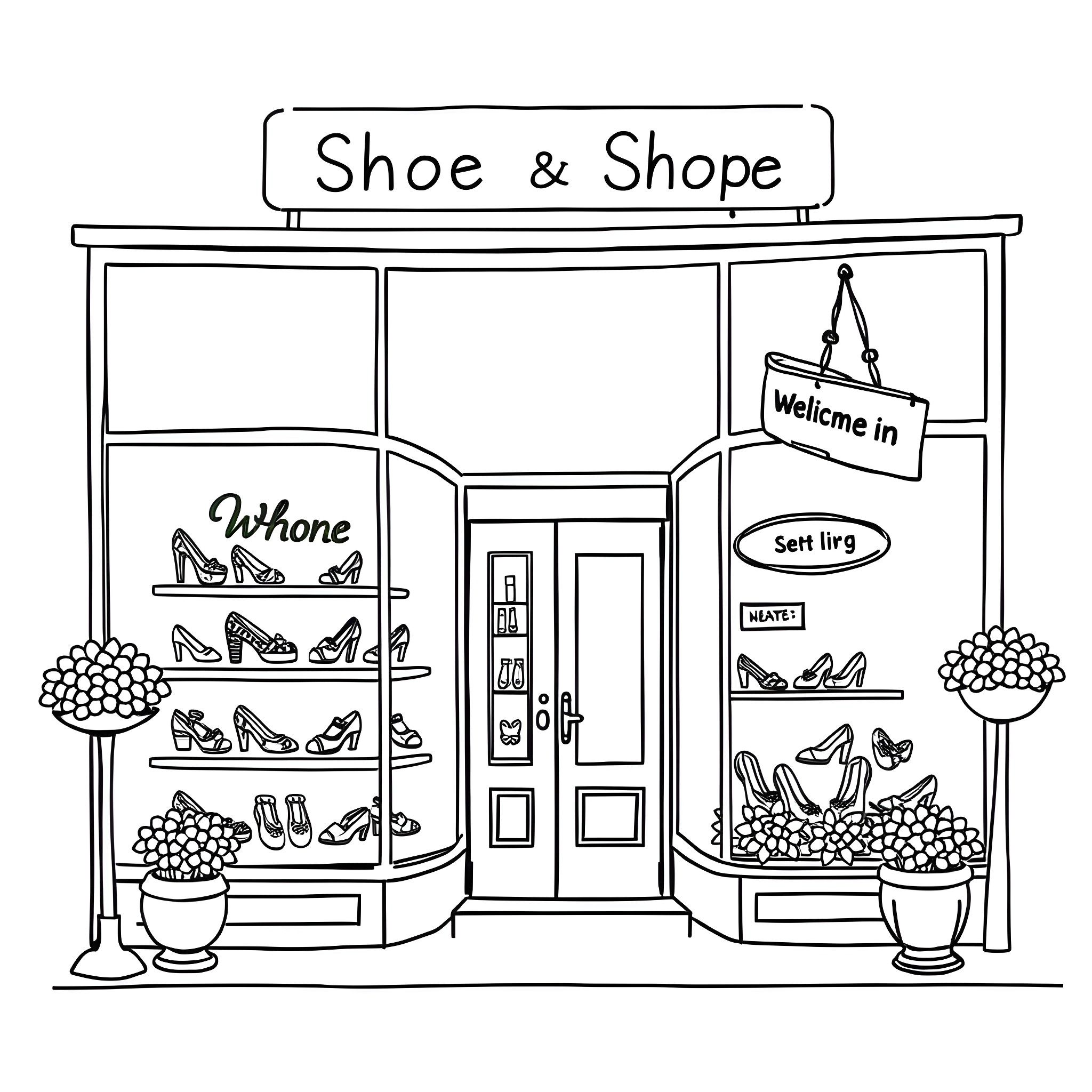 Shoe store window display with various shoes Coloring Page (free black-and-white line drawing printable PDF for all, from beginners to advanced learners, including children, teens, adults, and seniors)
