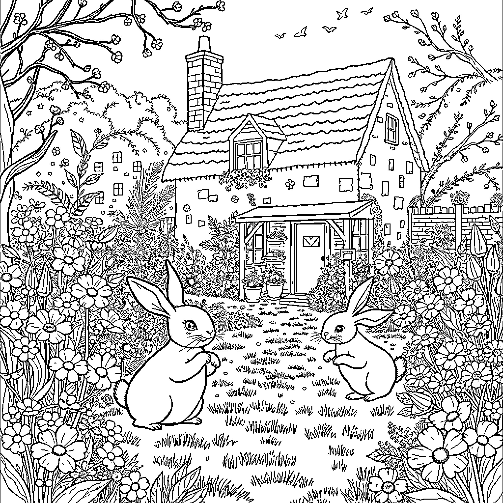 Bunny Bunnies Exploring the Cottage Garden Coloring Page (free black-and-white line drawing printable PDF for all, from beginners to advanced learners, including children, teens, adults, and seniors)