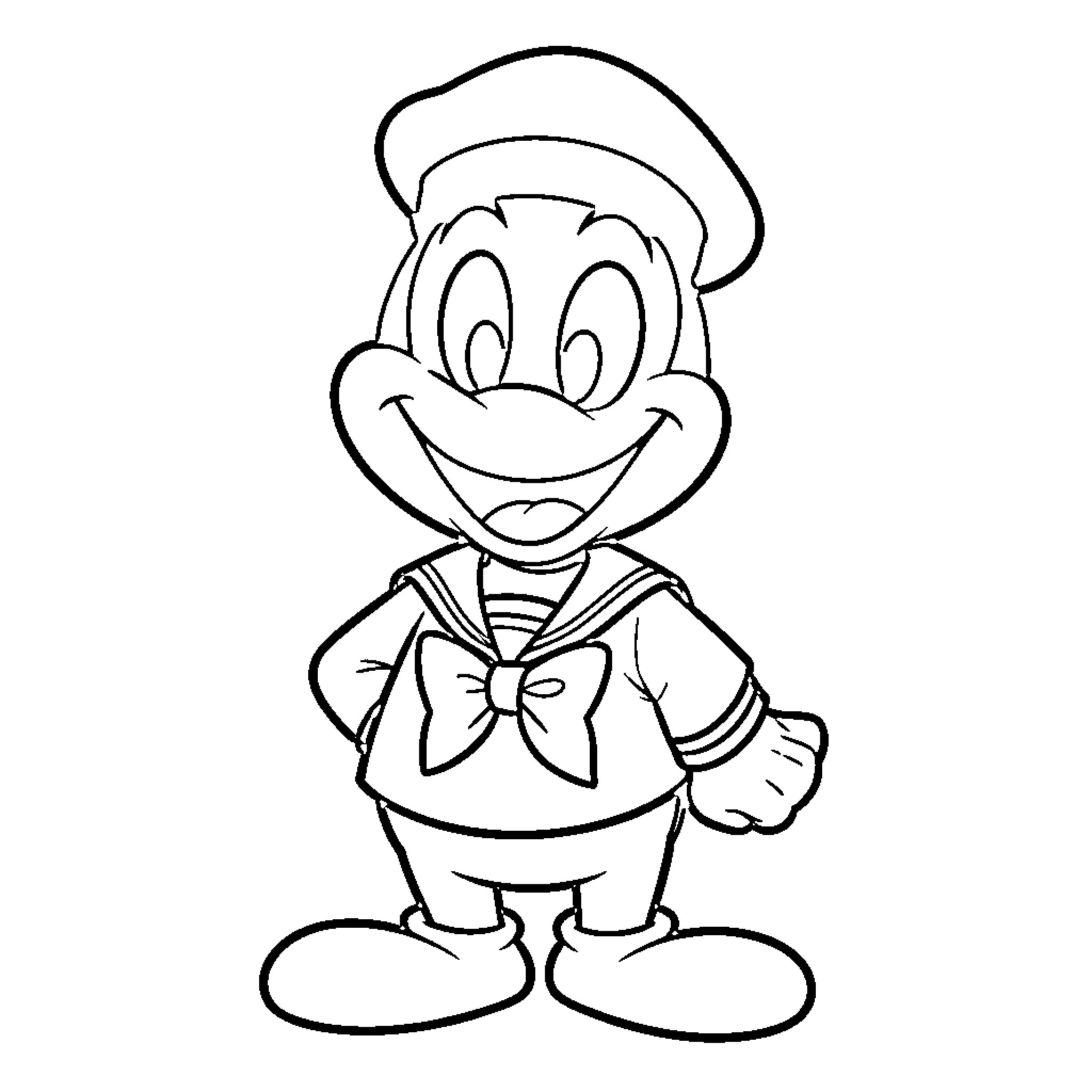 Donald Duck in sailor outfit smiling cheerfully Coloring Page (free black-and-white line drawing printable PDF for all, from beginners to advanced learners, including children, teens, adults, and seniors)