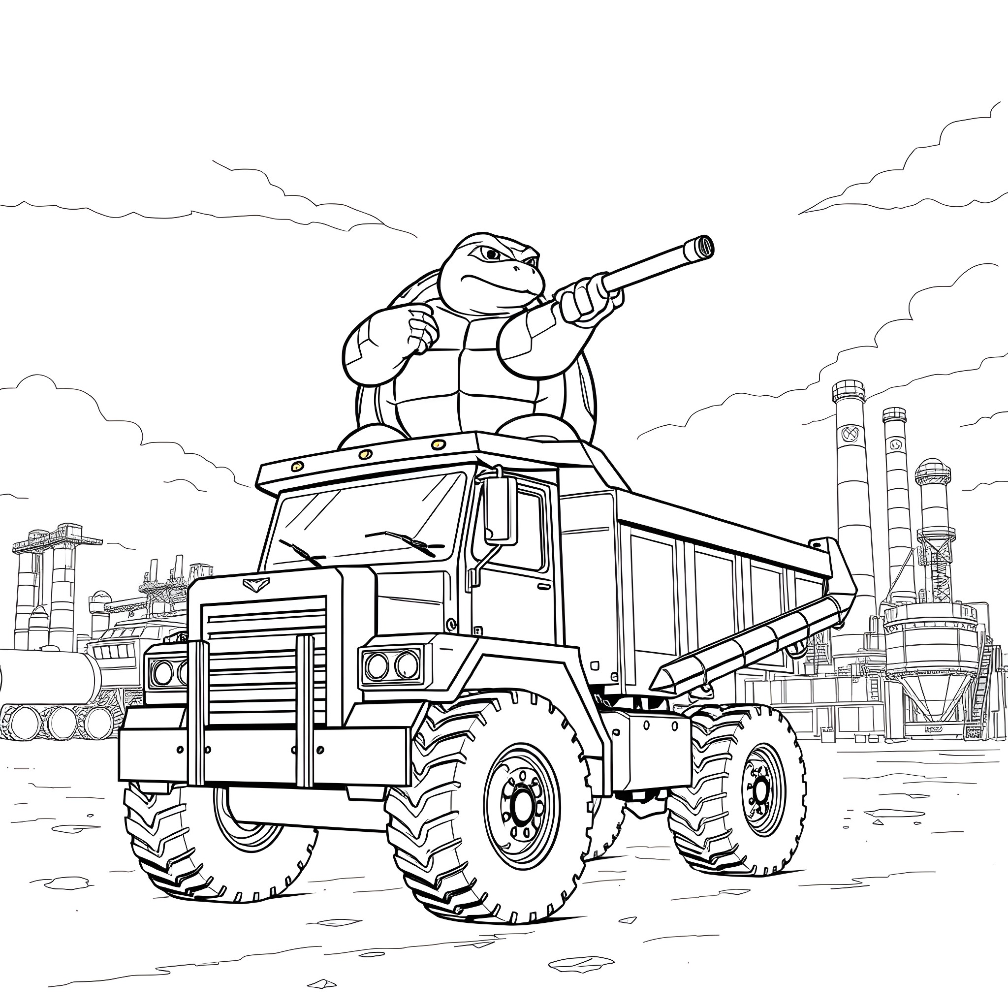 Blastoise driving a large dump truck in an industrial setting Coloring Page (free black-and-white line drawing printable PDF for all, from beginners to advanced learners, including children, teens, adults, and seniors)