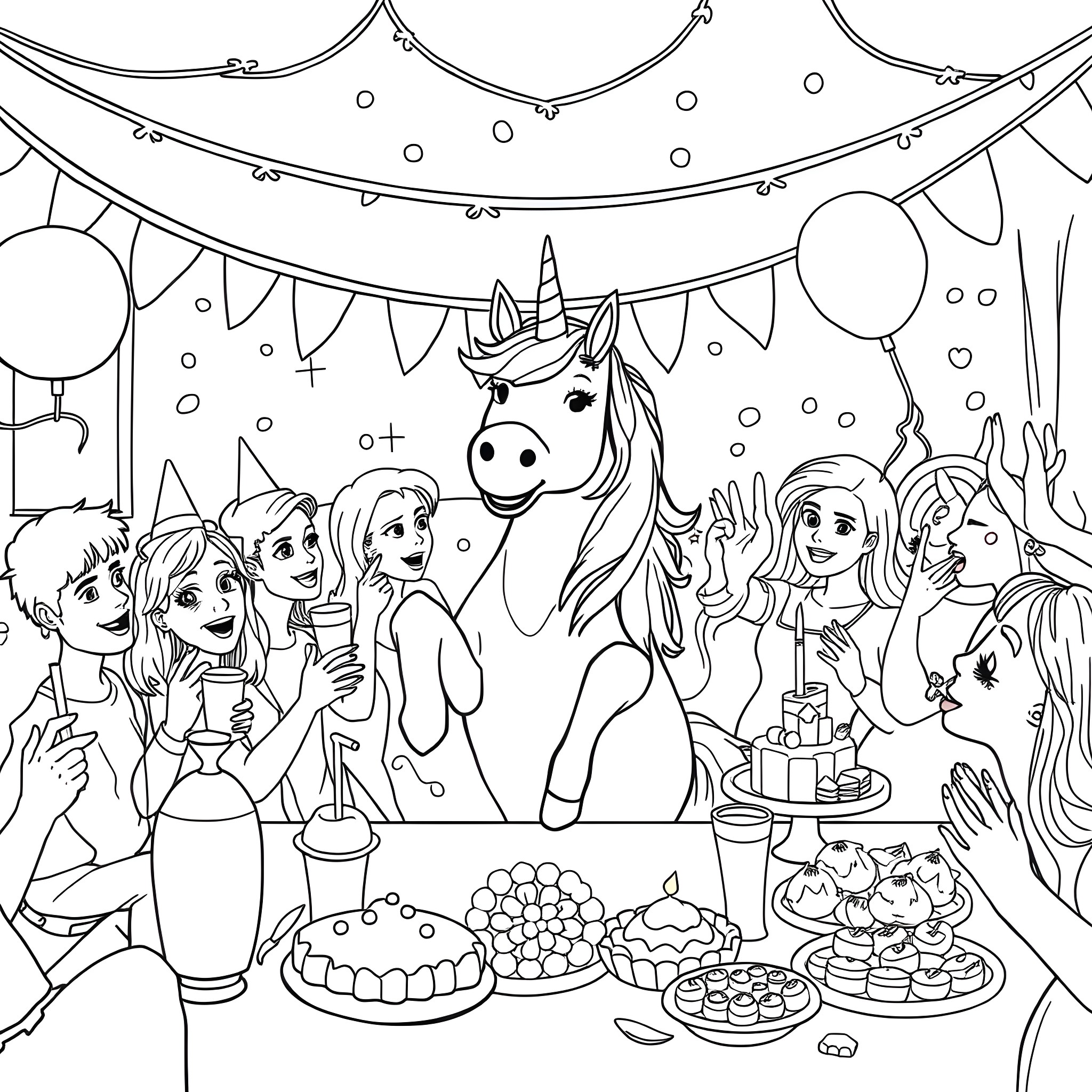 Unicorn celebrating birthday party with friends Coloring Page (free black-and-white line drawing printable PDF for all, from beginners to advanced learners, including children, teens, adults, and seniors)