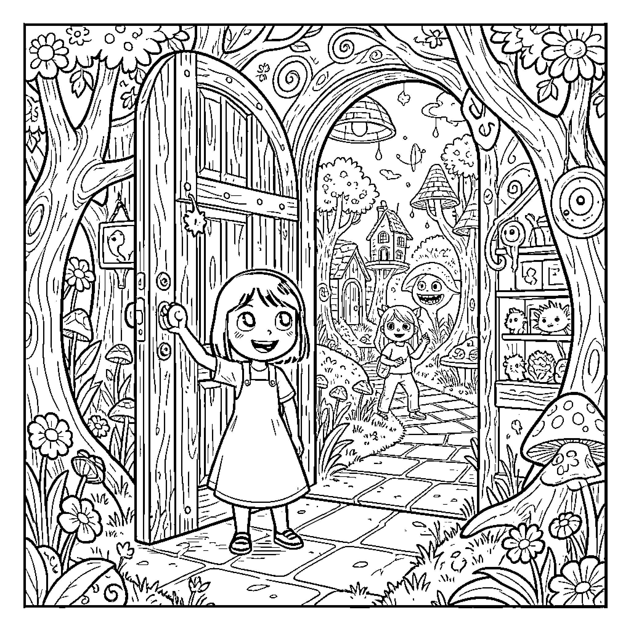 Coraline exploring the whimsical fantasy world Coloring Page (free black-and-white line drawing printable PDF for all, from beginners to advanced learners, including children, teens, adults, and seniors)