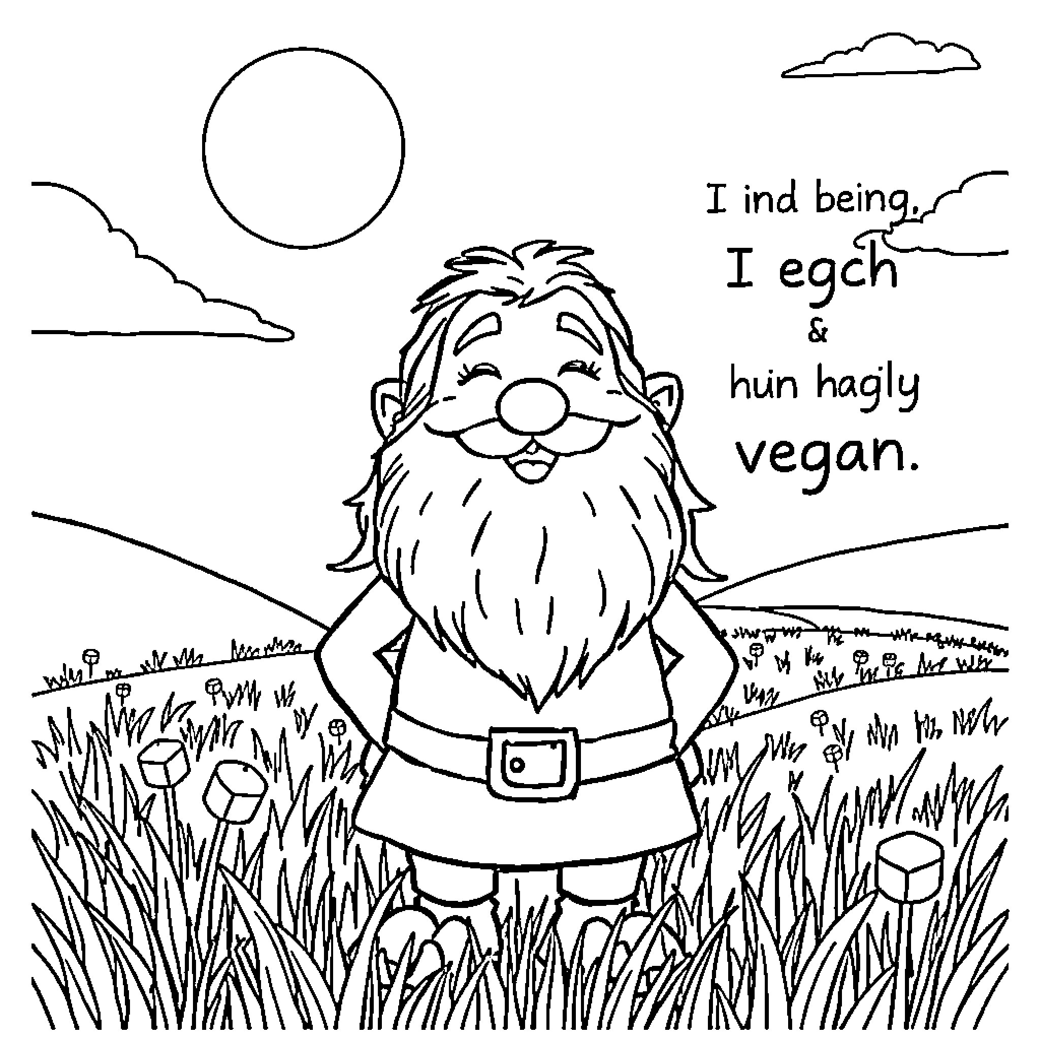 Hobbit in the field expressing a vegan lifestyle Coloring Page (free black-and-white line drawing printable PDF for all, from beginners to advanced learners, including children, teens, adults, and seniors)