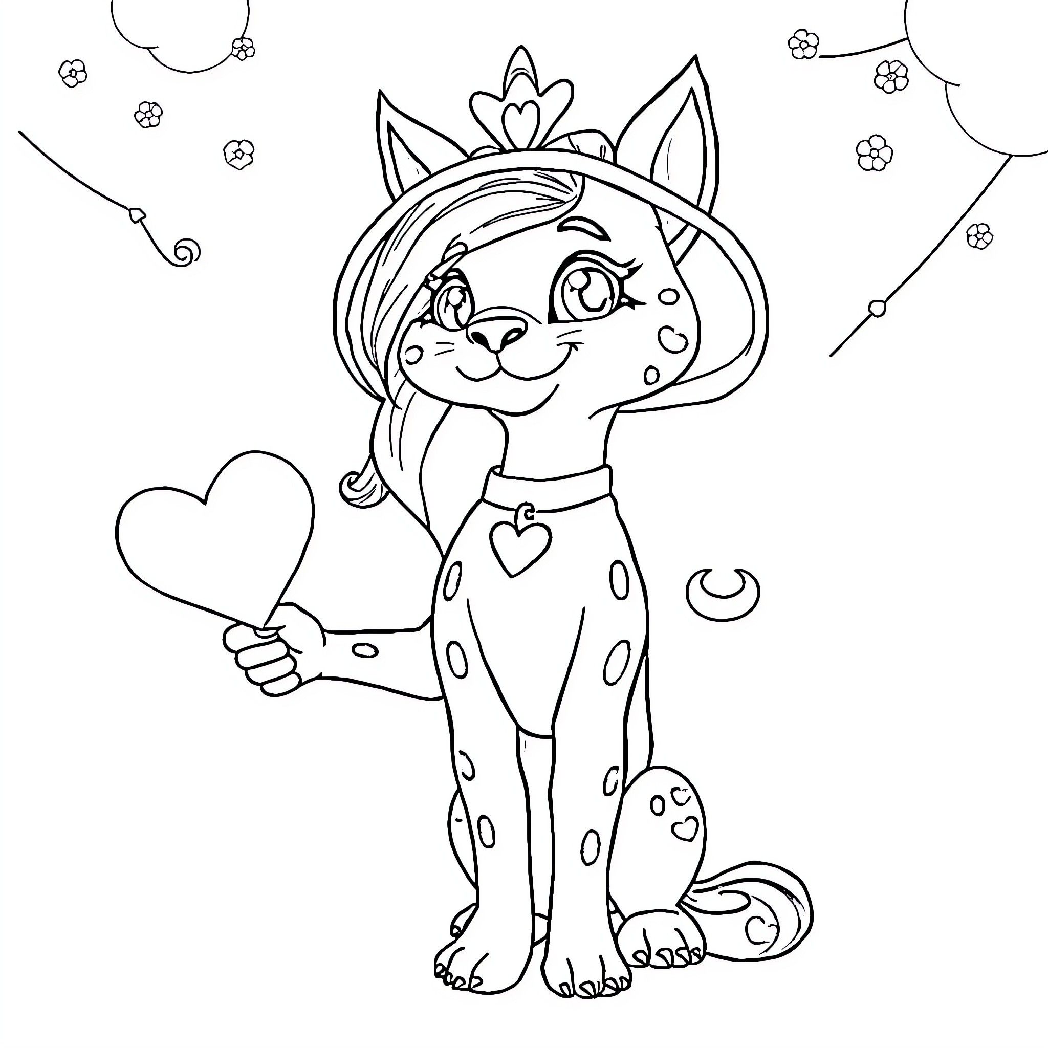 Nala the Playful Princess Cat Coloring Page (free black-and-white line drawing printable PDF for all, from beginners to advanced learners, including children, teens, adults, and seniors)