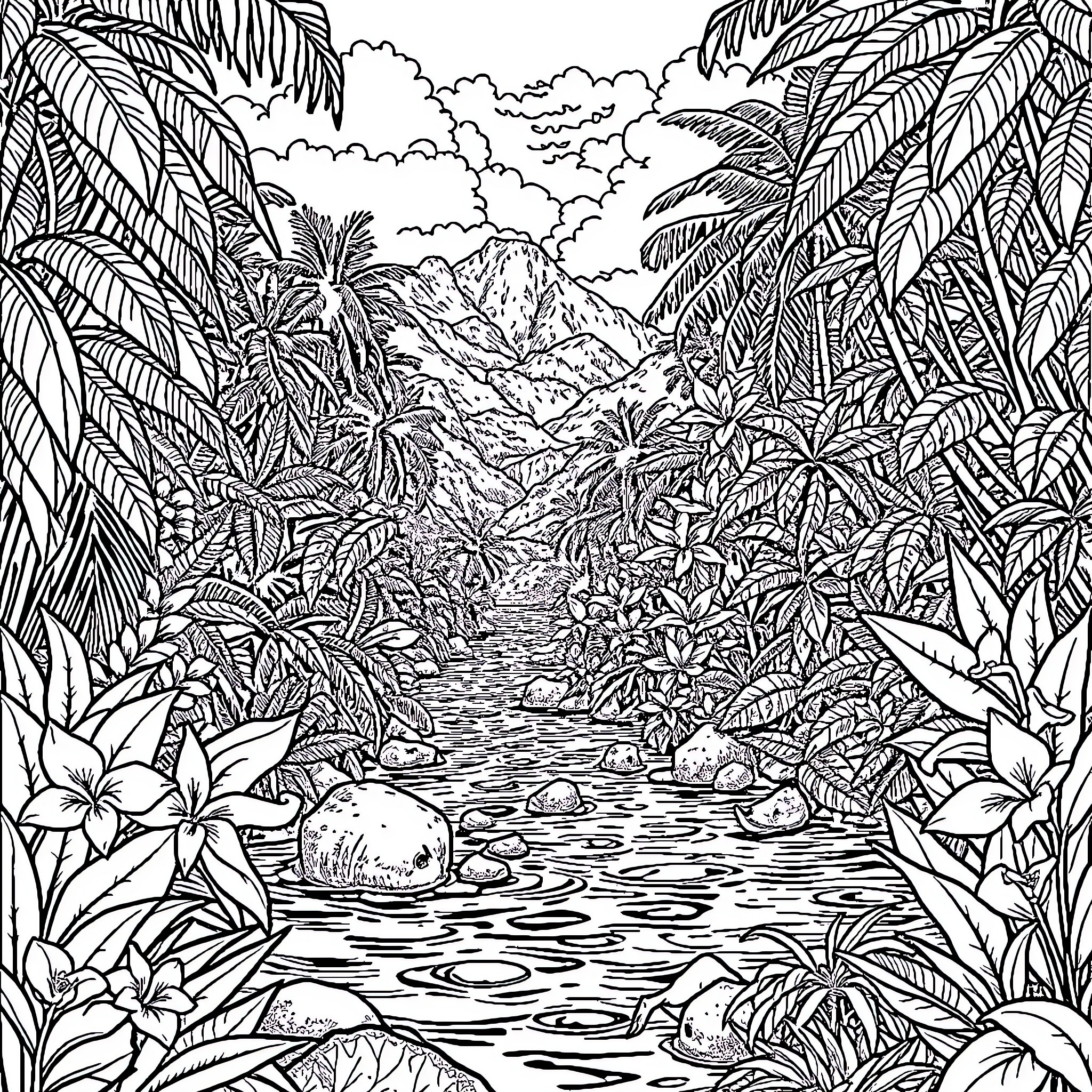 Guyana's Lush Tropical Landscape Coloring Page (free black-and-white line drawing printable PDF for all, from beginners to advanced learners, including children, teens, adults, and seniors)