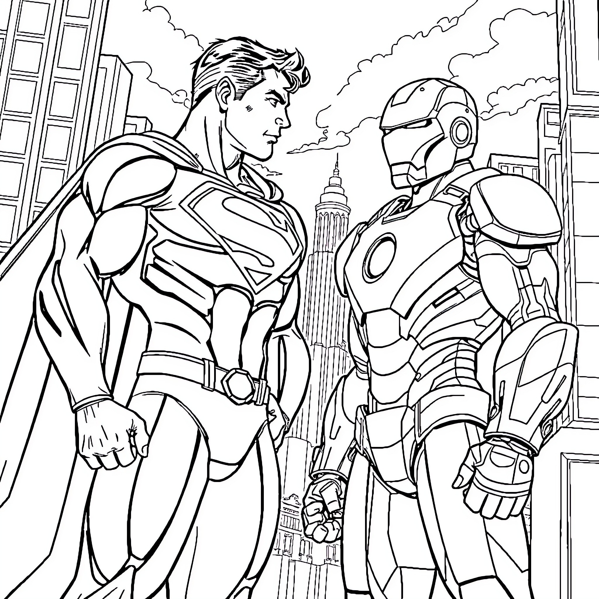 Superman and Iron Man face off in the city Coloring Page (free black-and-white line drawing printable PDF for all, from beginners to advanced learners, including children, teens, adults, and seniors)