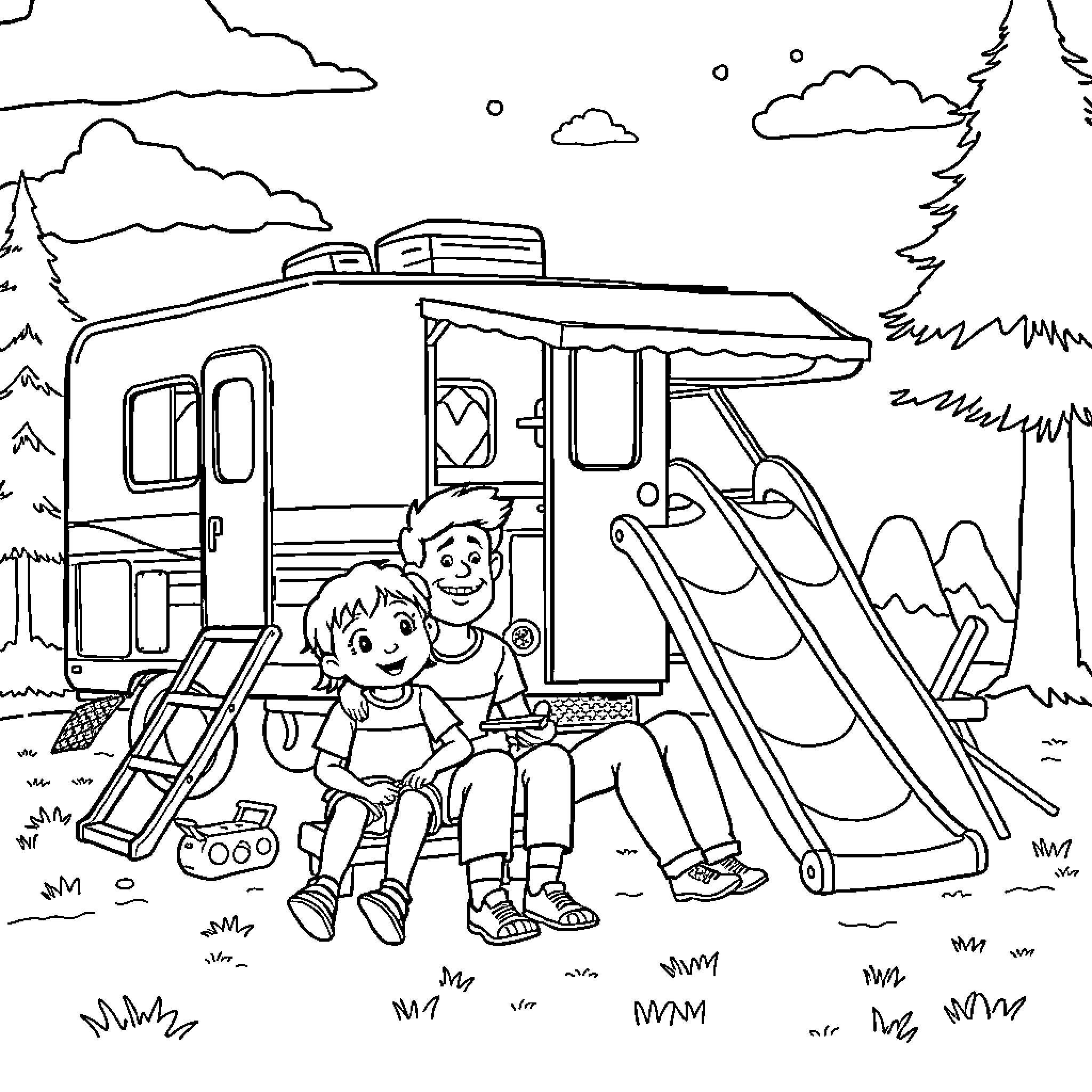 Family enjoying outdoor adventure in RV Coloring Page (free black-and-white line drawing printable PDF for all, from beginners to advanced learners, including children, teens, adults, and seniors)
