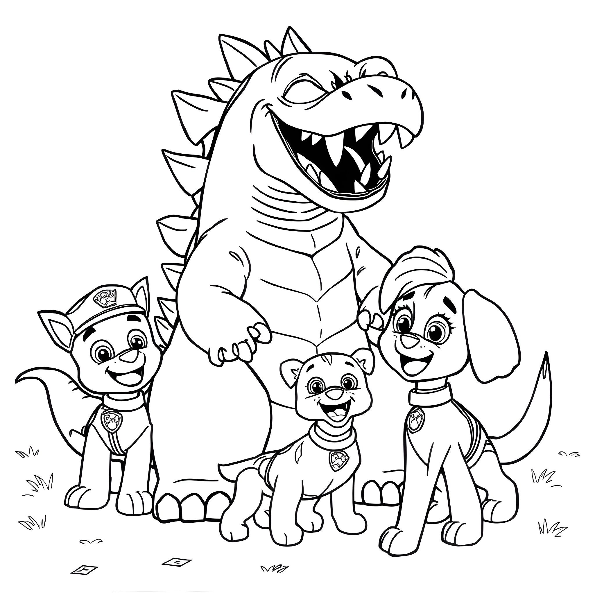 Godzilla and Paw Patrol pups in an adventure Coloring Page (free black-and-white line drawing printable PDF for all, from beginners to advanced learners, including children, teens, adults, and seniors)