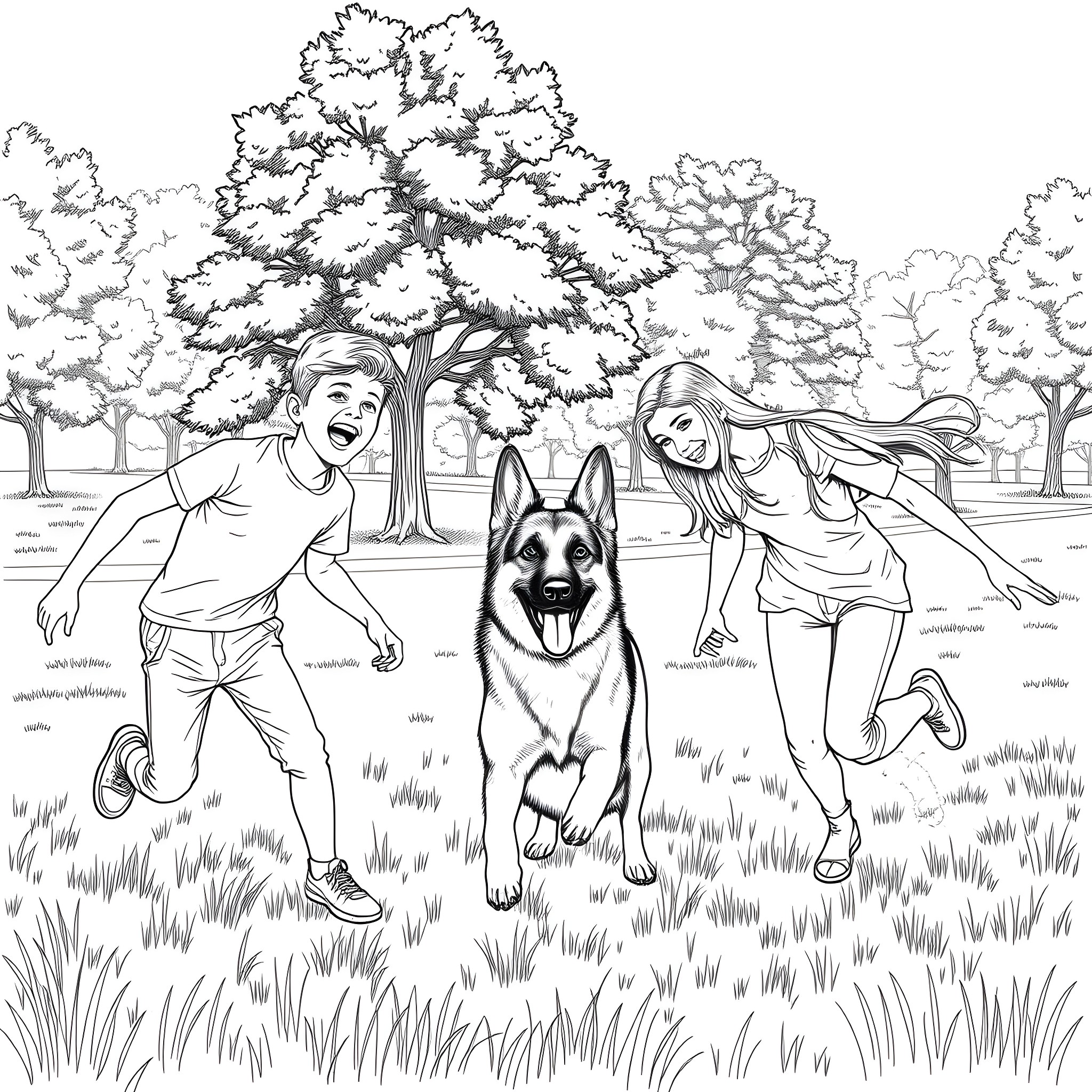 Teen friends having fun with playful dog in park Coloring Page (free black-and-white line drawing printable PDF for all, from beginners to advanced learners, including children, teens, adults, and seniors)