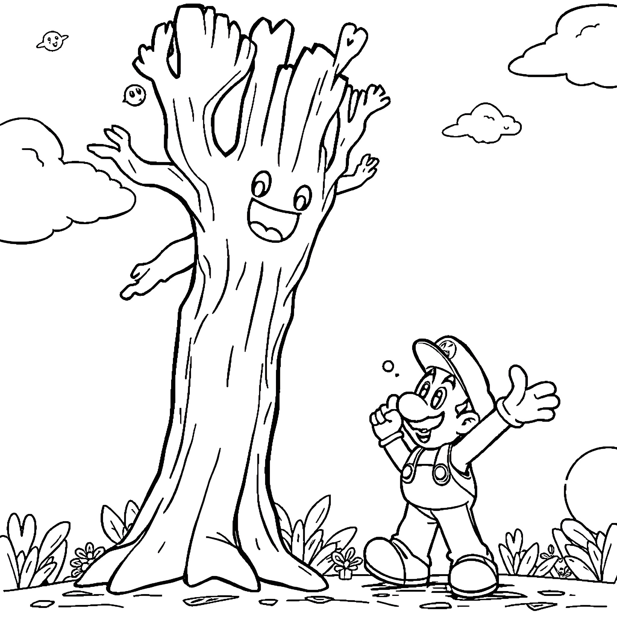 Groot enjoying a sunny day with a friendly character Coloring Page (free black-and-white line drawing printable PDF for all, from beginners to advanced learners, including children, teens, adults, and seniors)