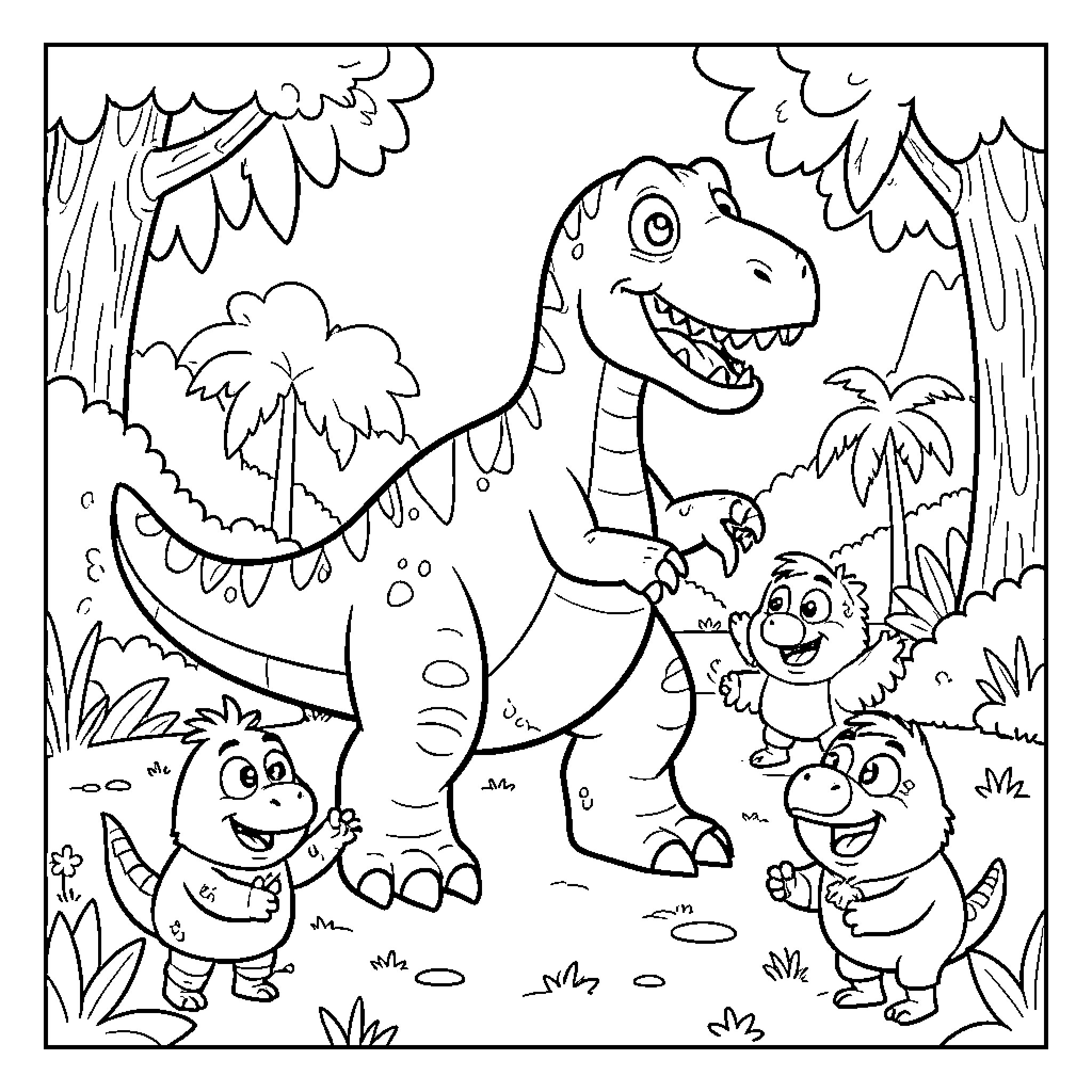 Dino Friends Playing in the Jungle Coloring Page (free black-and-white line drawing printable PDF for all, from beginners to advanced learners, including children, teens, adults, and seniors)