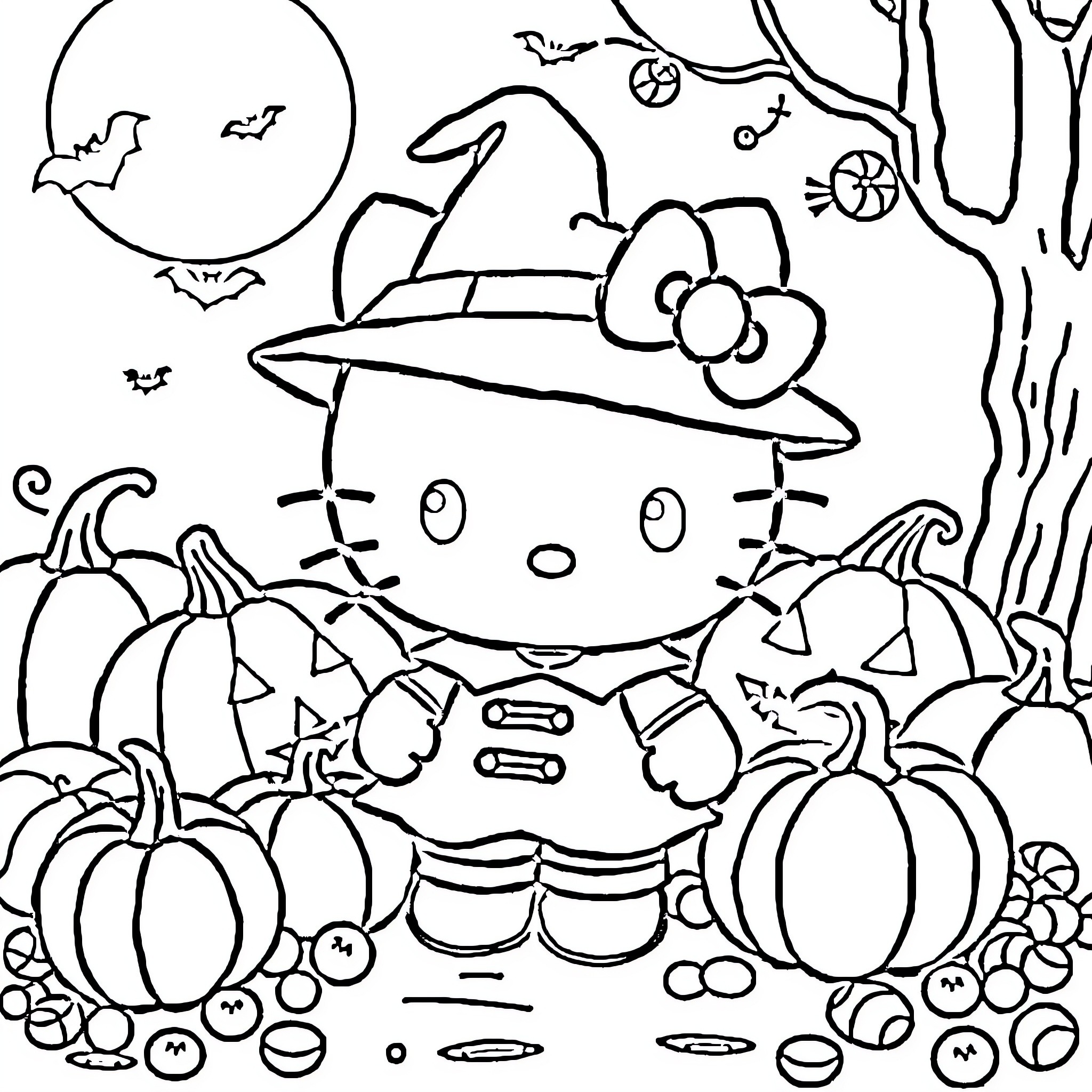 Hello Kitty in Autumn Attire among Halloween Decorations Coloring Page (free black-and-white line drawing printable PDF for all, from beginners to advanced learners, including children, teens, adults, and seniors)