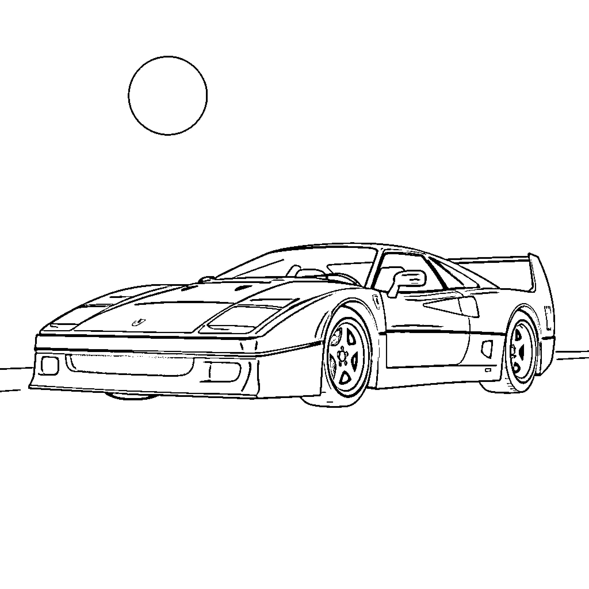 Ferrari sports car in simple outline Coloring Page (free black-and-white line drawing printable PDF for all, from beginners to advanced learners, including children, teens, adults, and seniors)