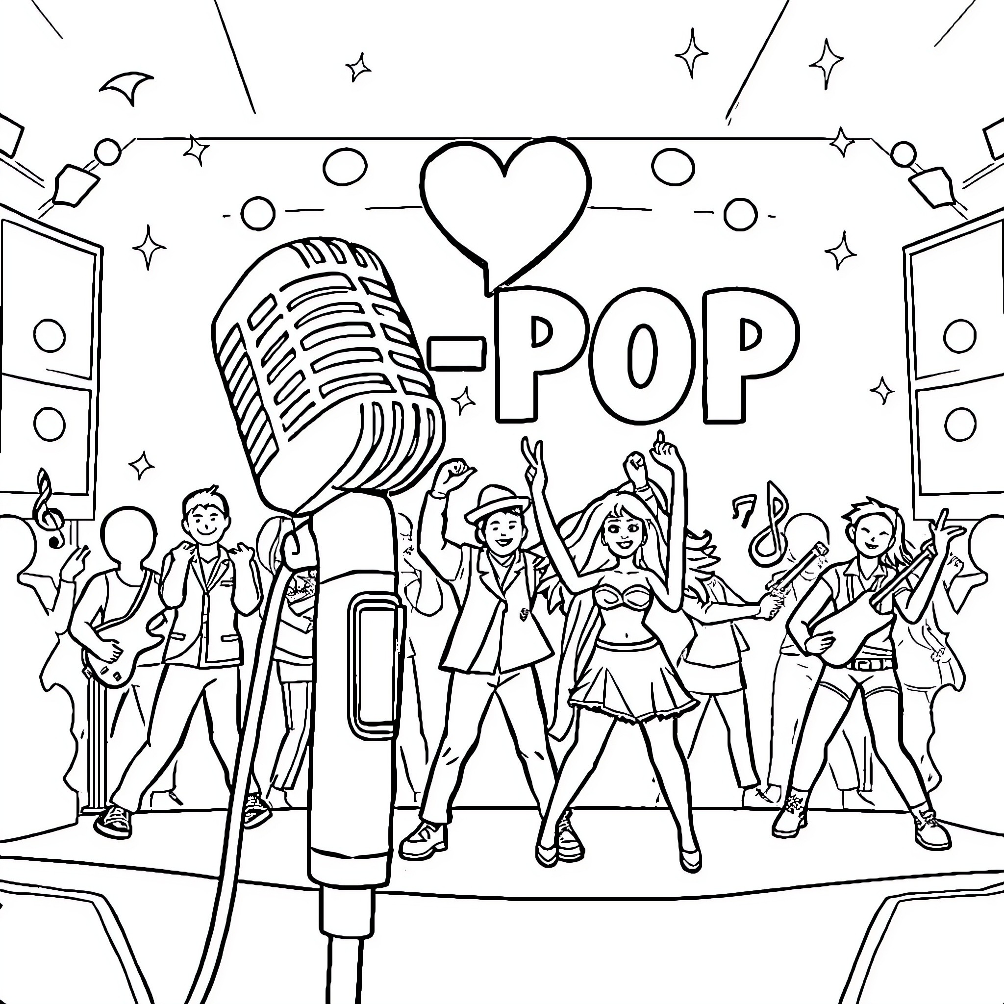 K Pop Music Artists Performing on Stage Coloring Page (free black-and-white line drawing printable PDF for all, from beginners to advanced learners, including children, teens, adults, and seniors)
