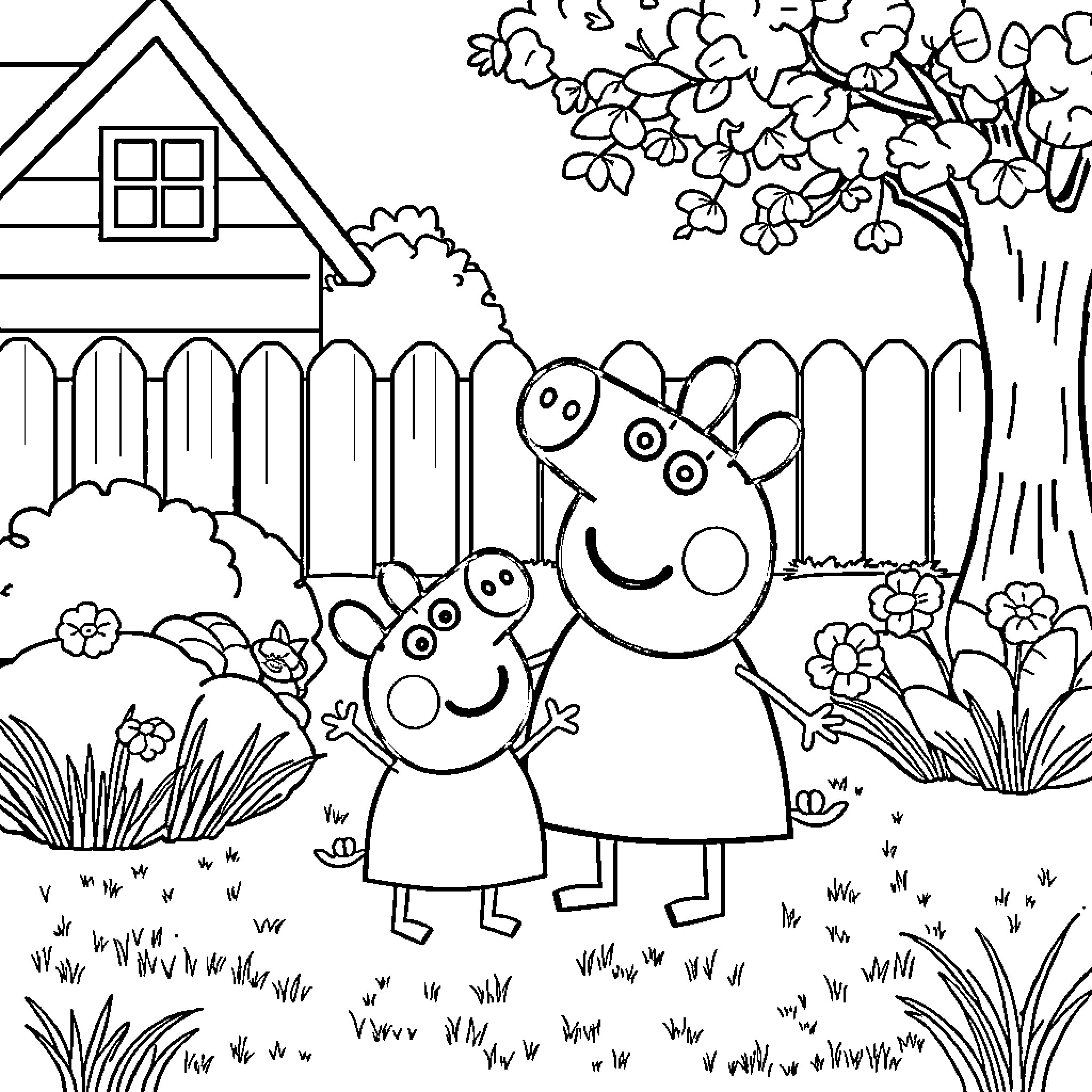 Peppa Pig and friends explore the garden Coloring Page (free black-and-white line drawing printable PDF for all, from beginners to advanced learners, including children, teens, adults, and seniors)