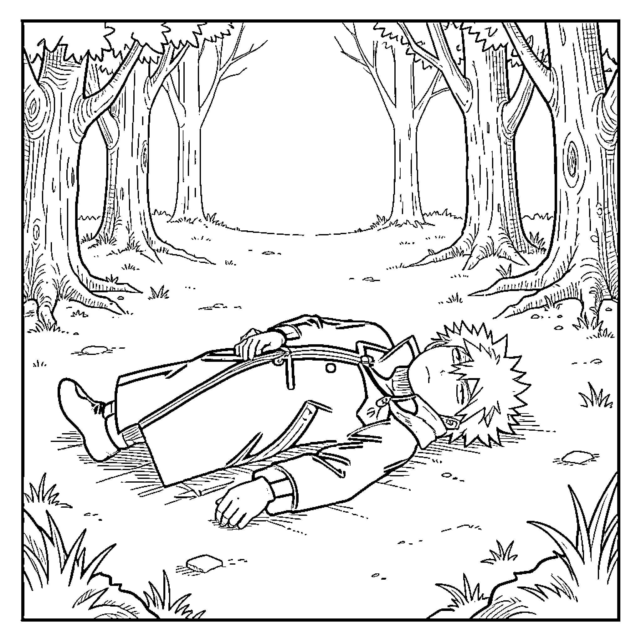 Gojo resting in the peaceful forest Coloring Page (free black-and-white line drawing printable PDF for all, from beginners to advanced learners, including children, teens, adults, and seniors)