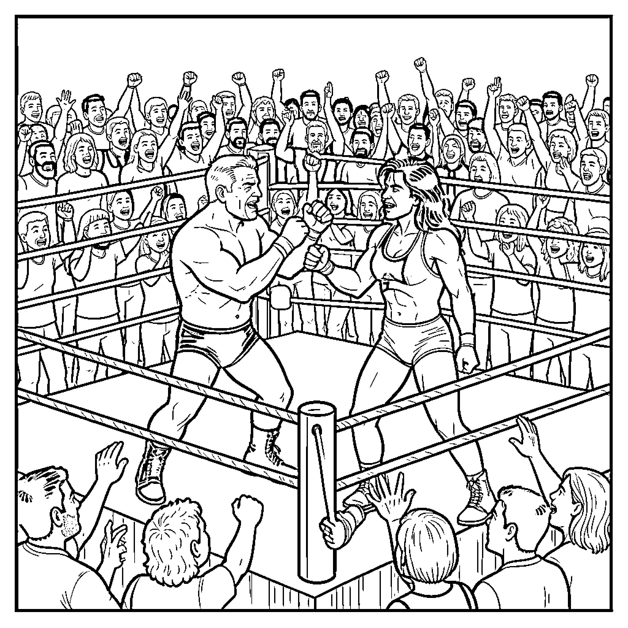 Chris Benoit wrestling match with opponent in front of cheering crowd Coloring Page (free black-and-white line drawing printable PDF for all, from beginners to advanced learners, including children, teens, adults, and seniors)