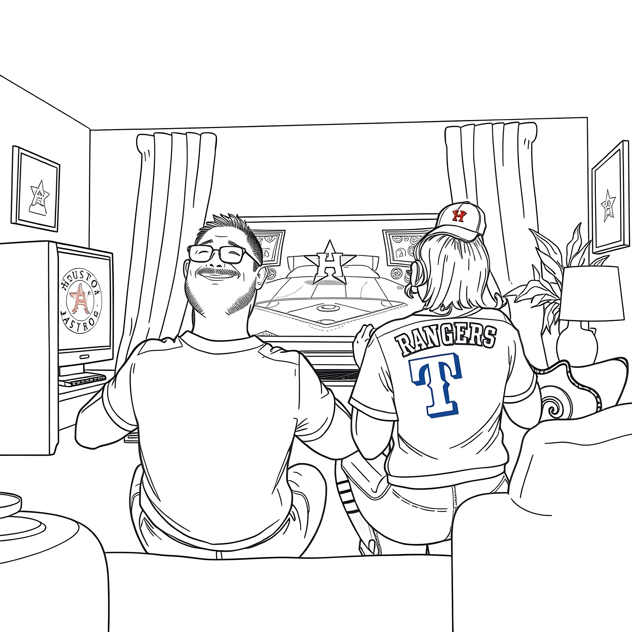Couple watching sports game on TV Coloring Page (free black-and-white line drawing printable PDF for all, from beginners to advanced learners, including children, teens, adults, and seniors)