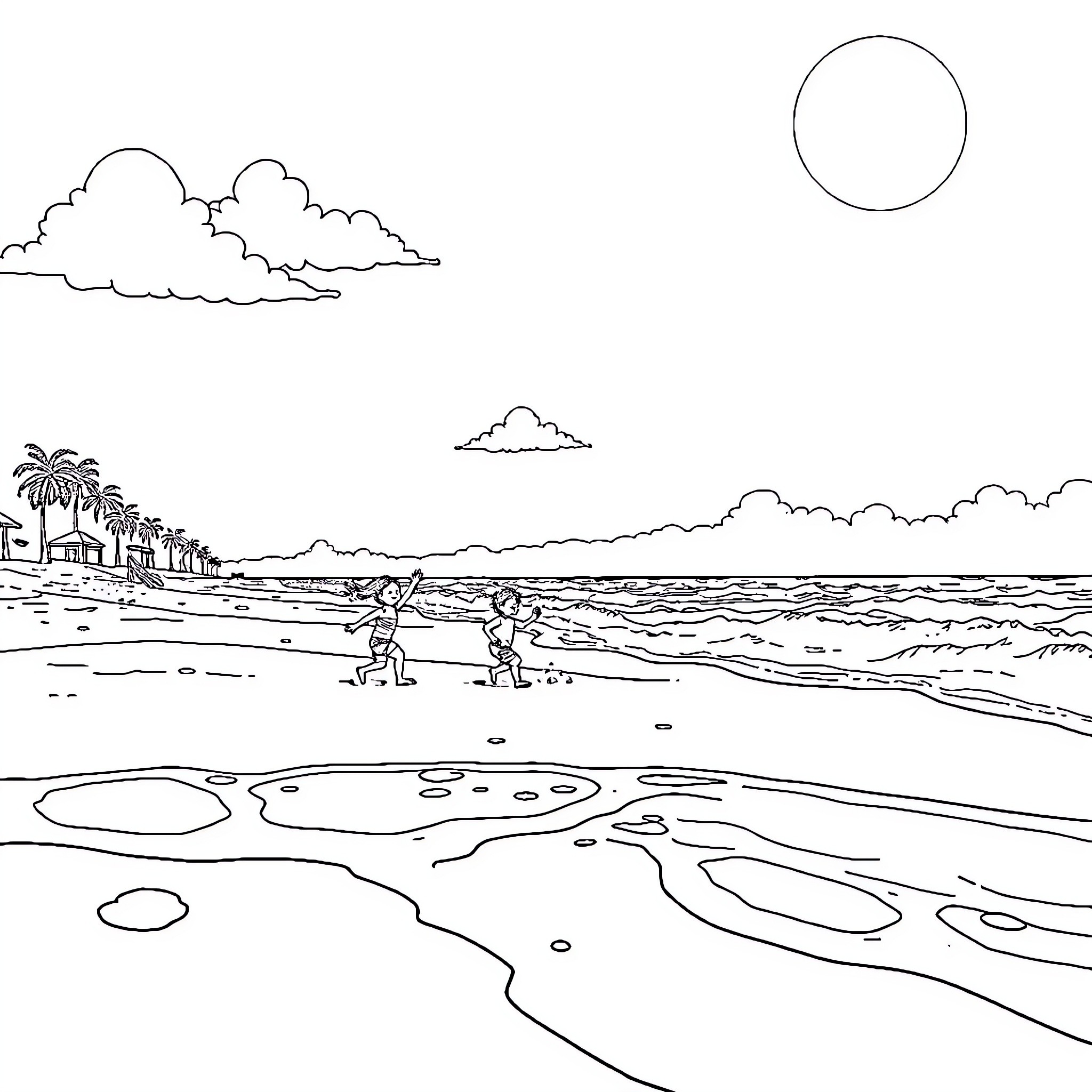 Beach scene with people and palm trees Coloring Page (free black-and-white line drawing printable PDF for all, from beginners to advanced learners, including children, teens, adults, and seniors)