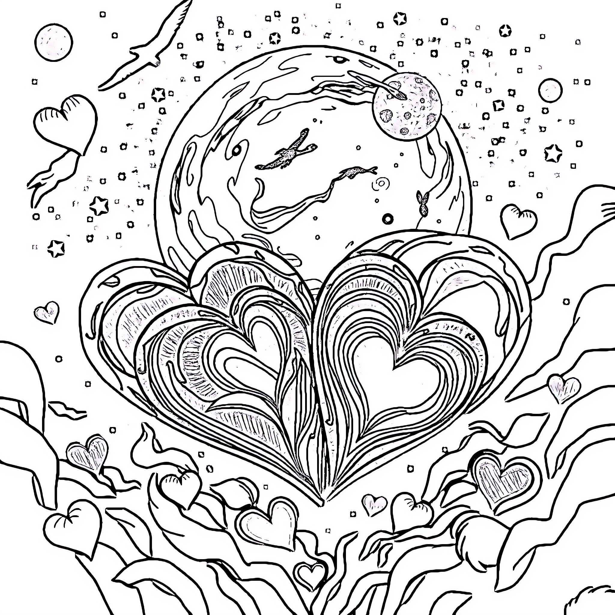 Heart-shaped Universe of Love and Imagination Coloring Page (free black-and-white line drawing printable PDF for all, from beginners to advanced learners, including children, teens, adults, and seniors)
