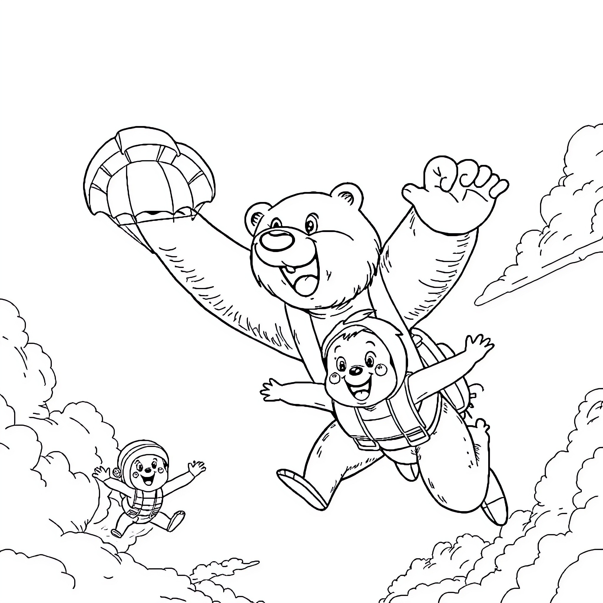Grizzly Bears Parachuting with Excitement Coloring Page (free black-and-white line drawing printable PDF for all, from beginners to advanced learners, including children, teens, adults, and seniors)
