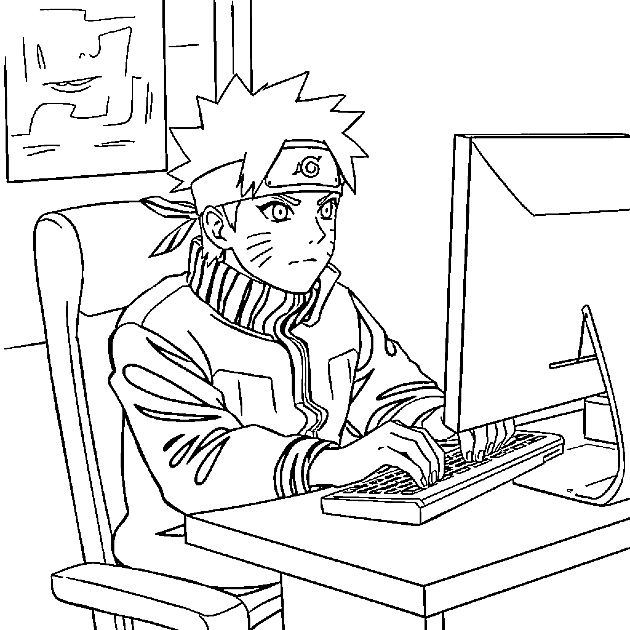 Naruto working diligently on computer Coloring Page (free black-and-white line drawing printable PDF for all, from beginners to advanced learners, including children, teens, adults, and seniors)