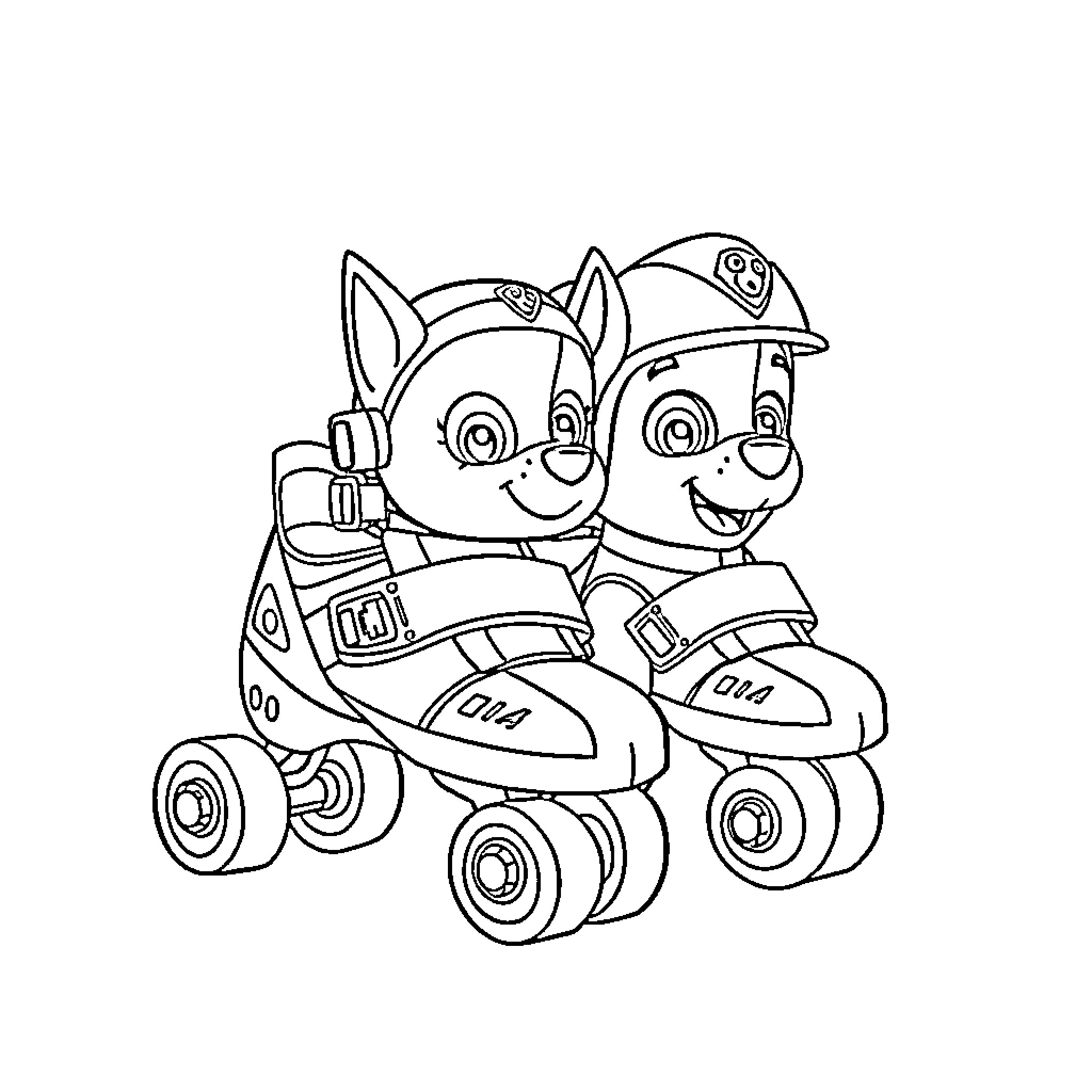 Paw Patrol Pups Rollerskating Together Coloring Page (free black-and-white line drawing printable PDF for all, from beginners to advanced learners, including children, teens, adults, and seniors)